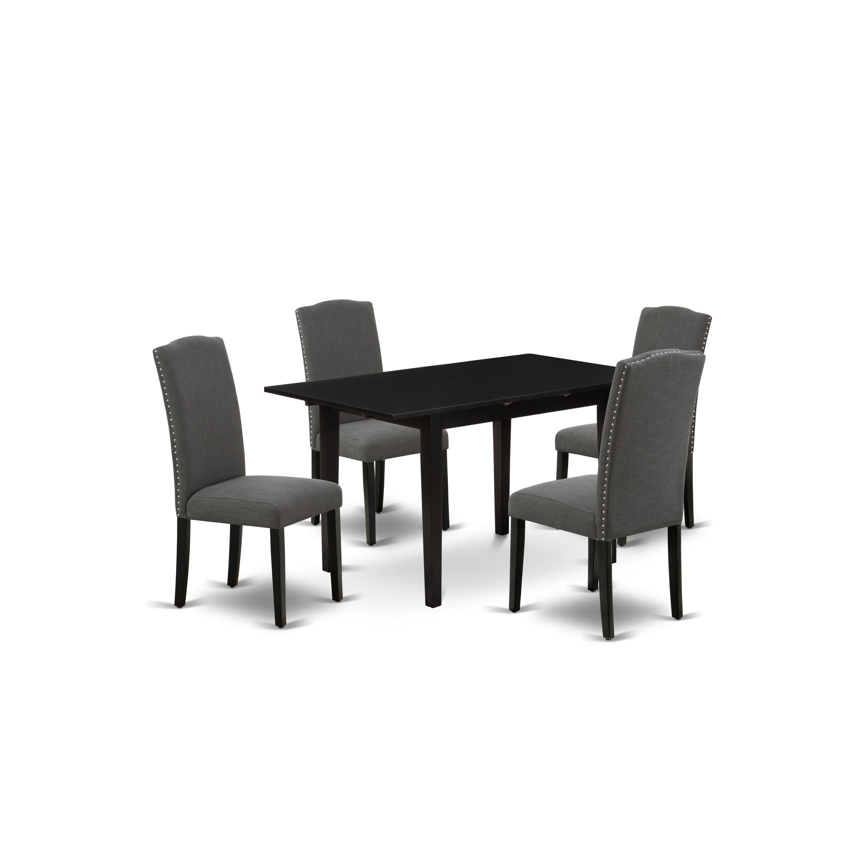 El juego de comedor de 5 piezas East West Furniture NOEN5-BLK-20 incluye una mesa de comedor rectangular con diseño de hojas de mariposa y 4 sillas de comedor Parson de tela de lino Gotham oscuro.