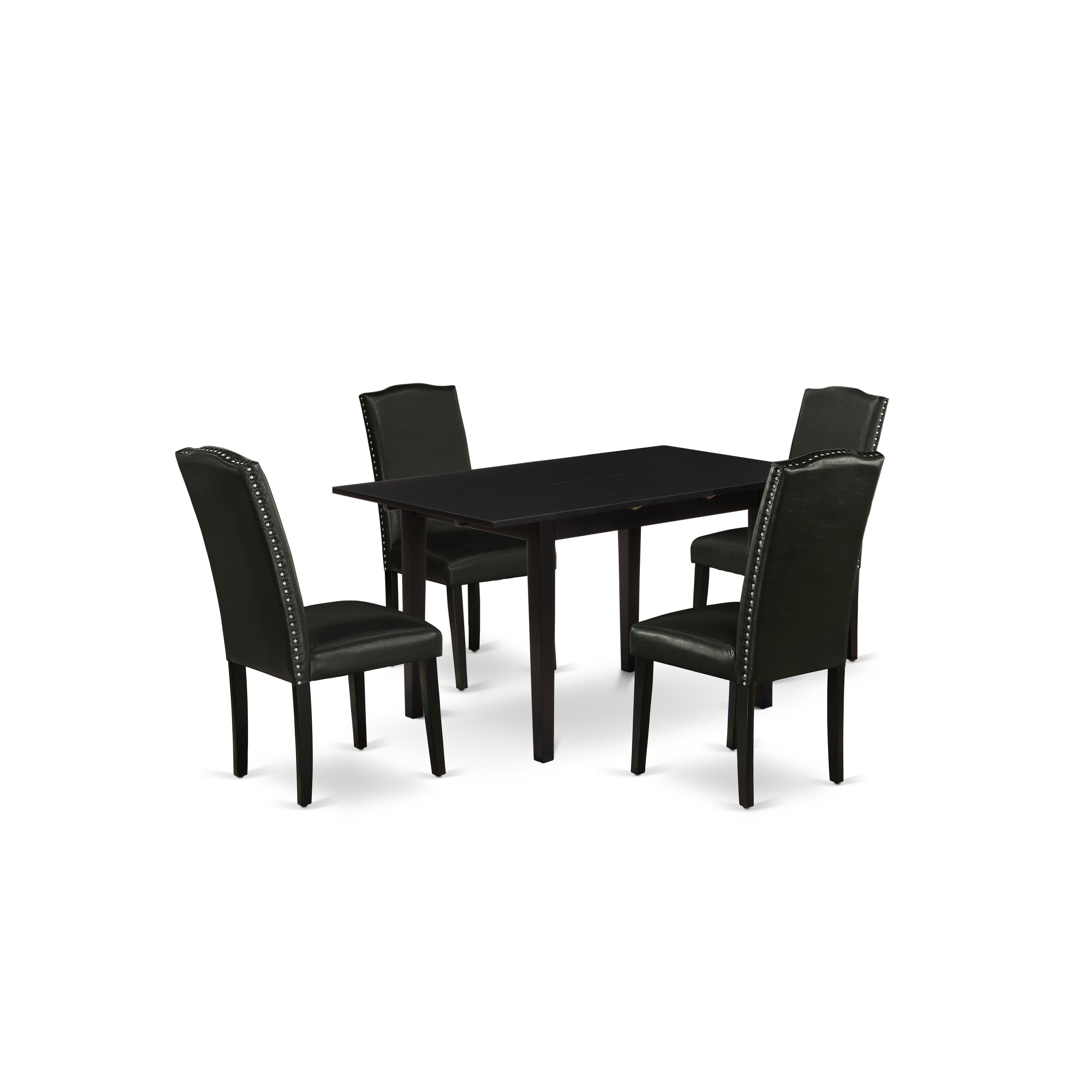 East West Furniture NOEN5-BLK-69 5-Pc Mid Century Dining Table Set - Nail Head Parson Dining Chairs with High Back and Upholstered Seat and Butterfly Leaf Rectangular Table and 4 Legs - Black Finish