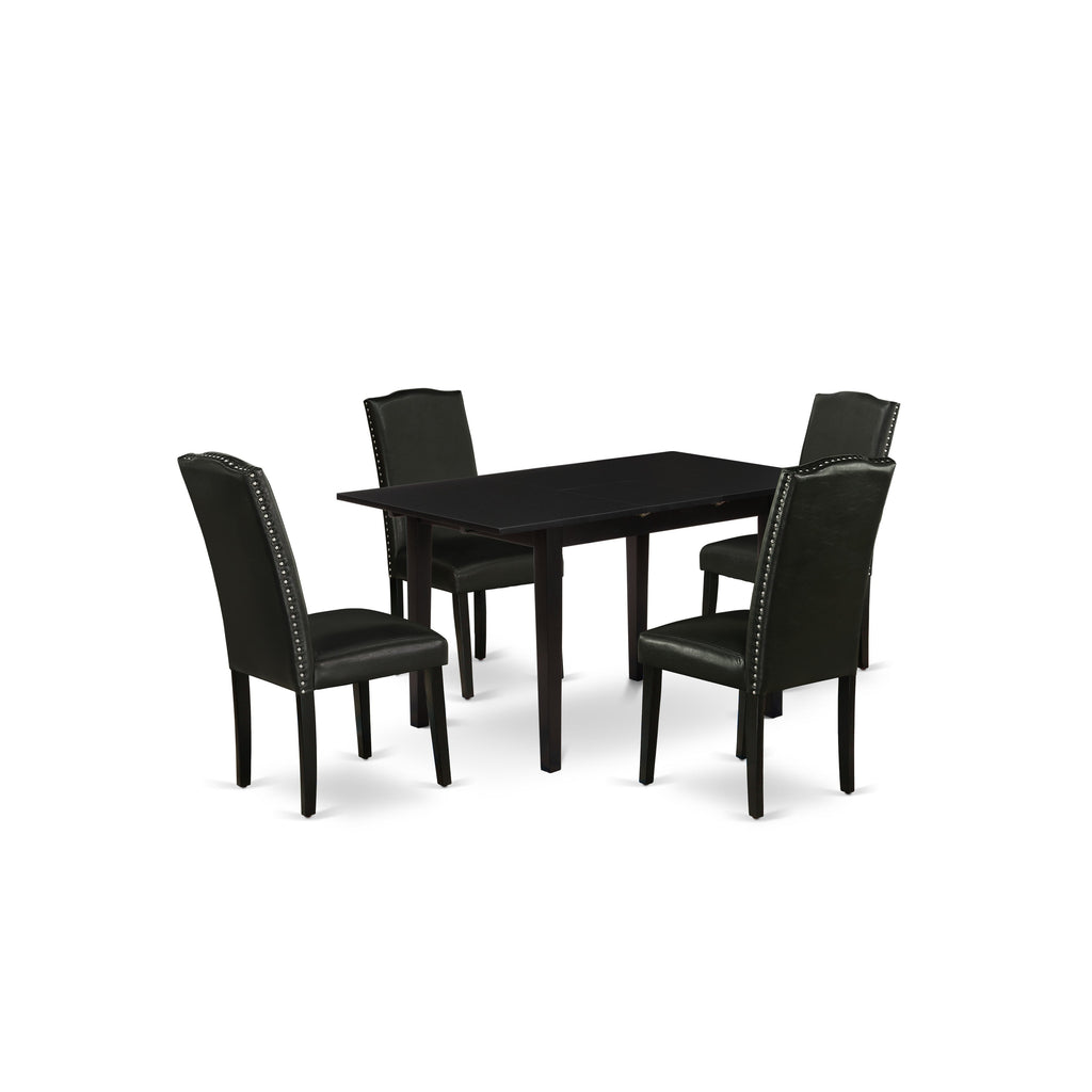 Juego de mesa y sillas de cocina de 5 piezas East West Furniture NOEN5-BLK-69. Incluye una mesa de comedor rectangular con hojas de mariposa y 4 sillas Parsons de cuero sintético negro.