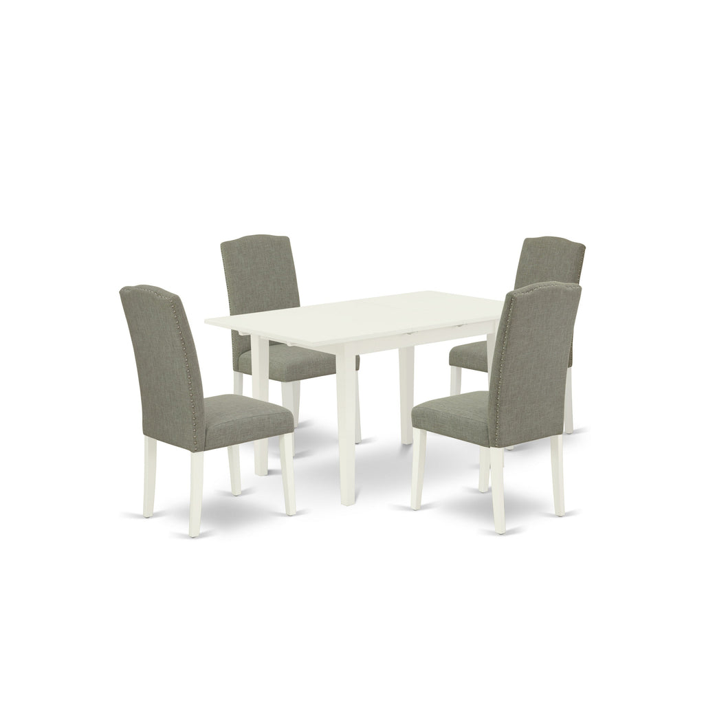 East West Furniture NOEN5-LWH-06 5 Piece Dinette Set Includes a Rectangle Dining Room Table with Butterfly Leaf and 4 Dark Shitake Linen Fabric Upholstered Chairs, 32x54 Inch, Linen White
