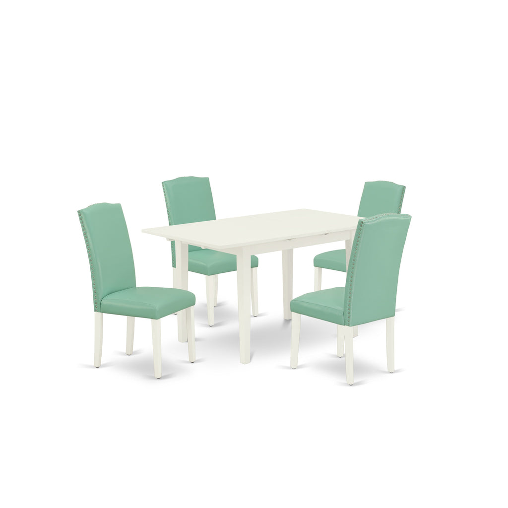 Juego de mesa de comedor de 5 piezas East West Furniture NOEN5-LWH-57. Incluye una mesa rectangular de madera con diseño de hojas de mariposa y 4 sillas tapizadas en piel sintética con estampado de estanque.