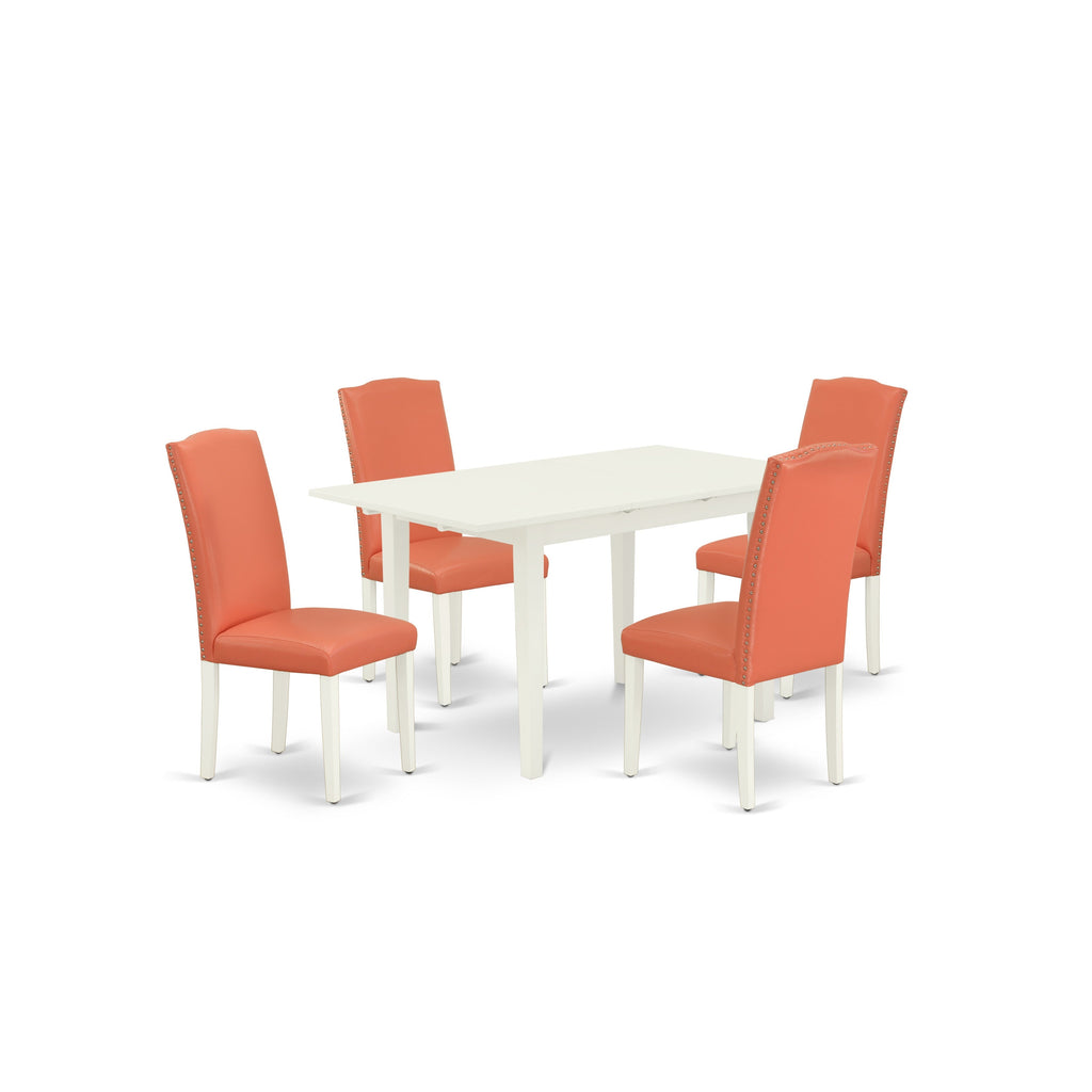 Juego de comedor de 5 piezas East West Furniture NOEN5-LWH-78. Incluye una mesa de comedor rectangular con diseño de hojas de mariposa y 4 sillas tapizadas en piel sintética con diseño de flamencos rosados.