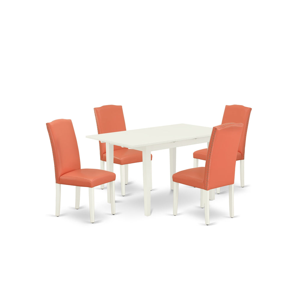 East West Furniture NOEN5-LWH-78 5 Piece Dining Set Includes a Rectangle Dining Room Table with Butterfly Leaf and 4 Pink Flamingo Faux Leather Upholstered Chairs, 32x54 Inch, Linen White