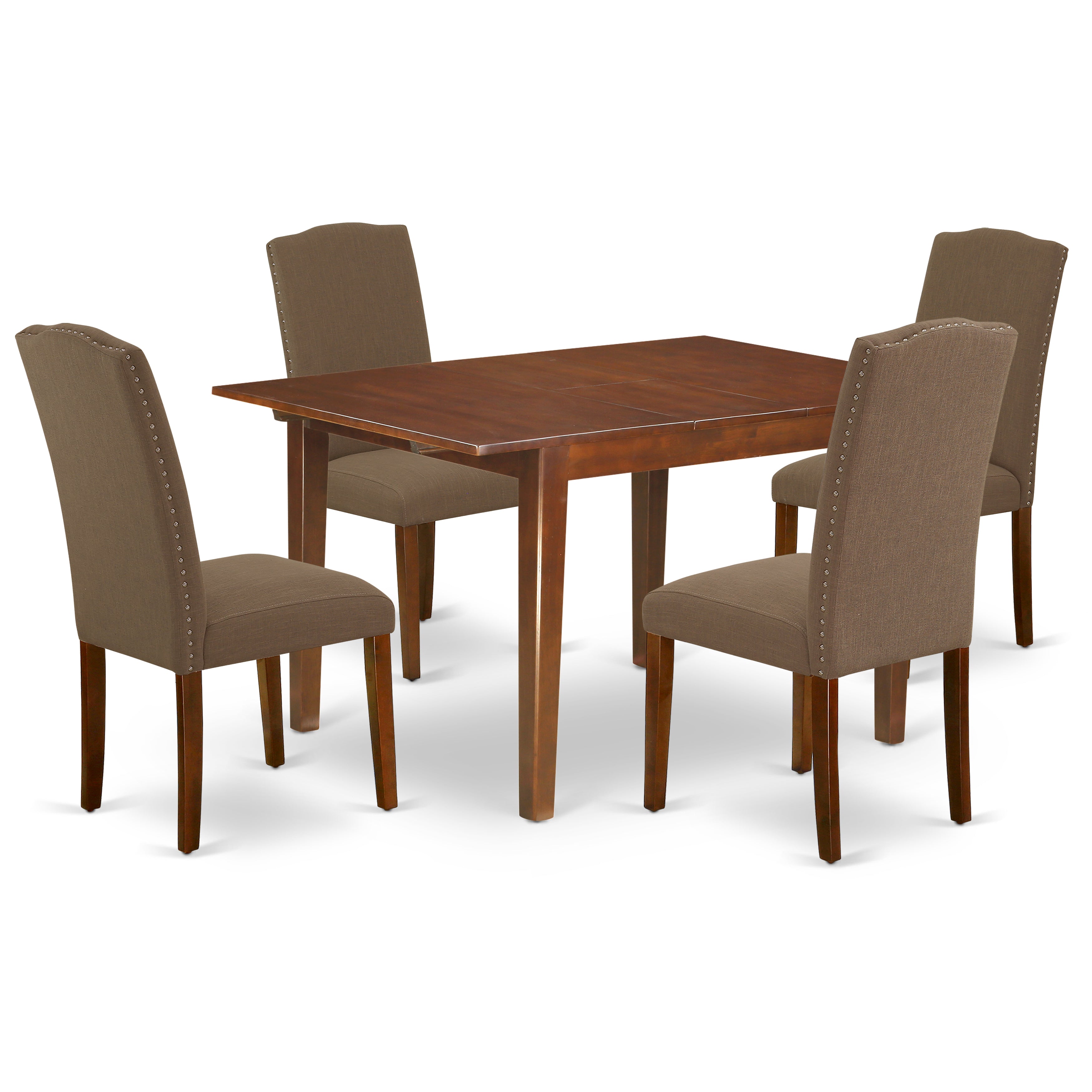 NOEN5-MAH-18 5Pc Rectangle 42/53.5" Dinette Table With 12 In Leaf And Four Parson Chair With Mahogany Leg And Linen Fabric Dark Coffee
