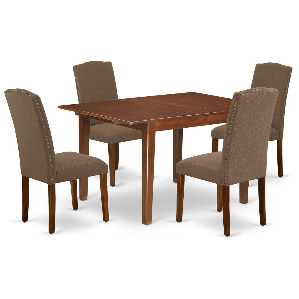 Juego de mesa de comedor moderna de 5 piezas East West Furniture NOEN5-MAH-18. Incluye una mesa rectangular de madera con diseño de hojas de mariposa y 4 sillas Parson de tela de lino color café oscuro.