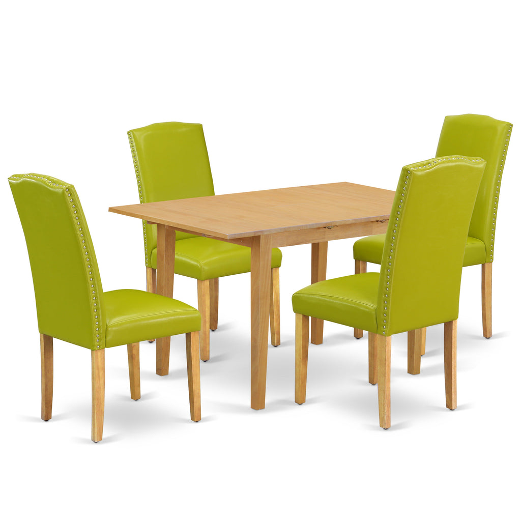 El juego de comedor de 5 piezas East West Furniture NOEN5-OAK-51 incluye una mesa de comedor rectangular con diseño de hojas de mariposa y 4 sillas tapizadas en piel sintética verde otoñal.