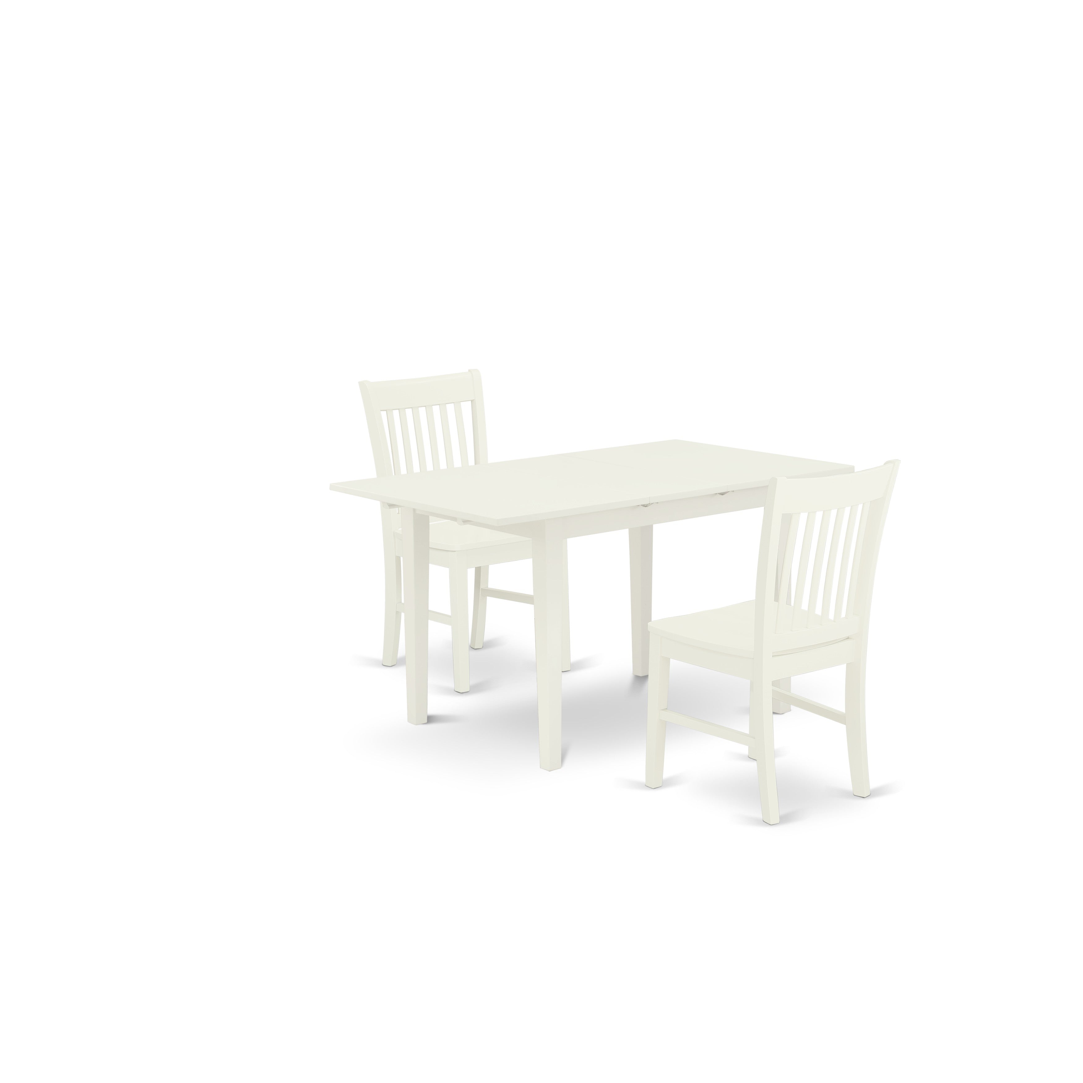 East West Furniture NOFK3-LWH-W 3-Piece Wood Dining Table Set 2 Dining Chairs with Slatted Back and wooden seat - Butterfly Leaf Wood Table with Rectangular Top and 4 Legs- Linen White Finish
