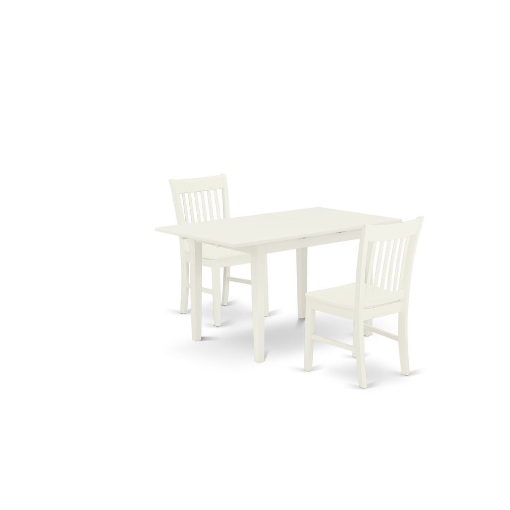 Juego de muebles de comedor de 3 piezas East West Furniture NOFK3-LWH-W. Incluye una mesa rectangular de madera con hojas de mariposa y 2 sillas de comedor de cocina.