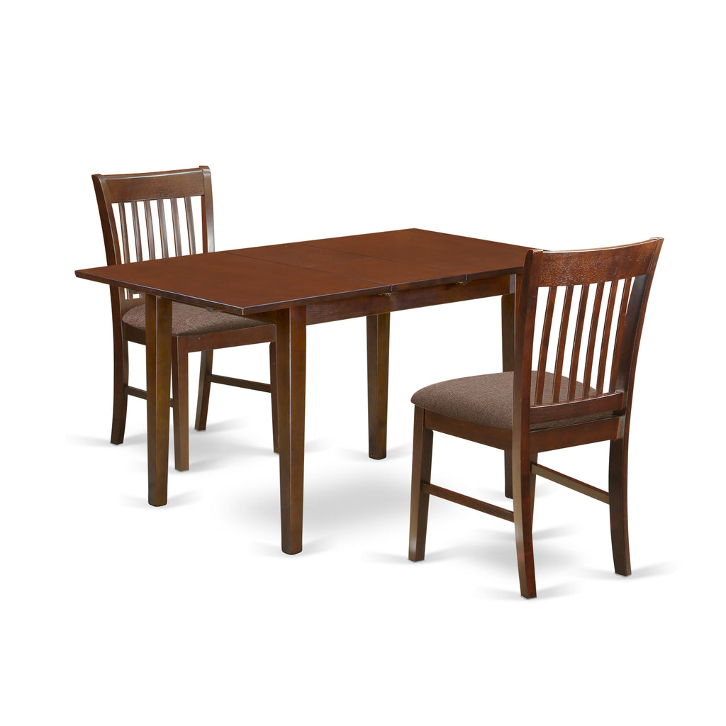 East West Furniture NOFK3-MAH-C 3 Piece Dining Table Set Contains a Rectangle Dining Room Table with Butterfly Leaf and 2 Linen Fabric Upholstered Chairs