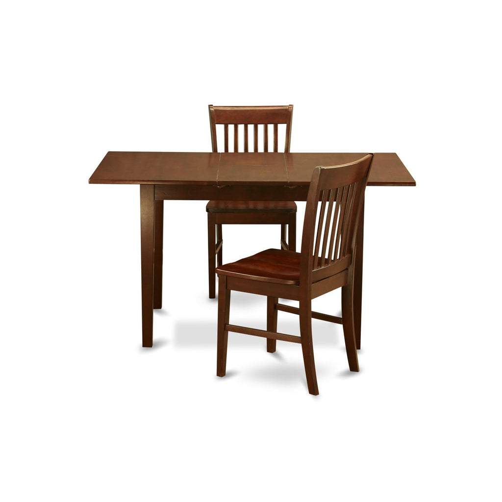 Juego de comedor de 3 piezas East West Furniture NOFK3-MAH-W. Incluye una mesa de cocina rectangular con diseño de hojas de mariposa y 2 sillas de comedor.