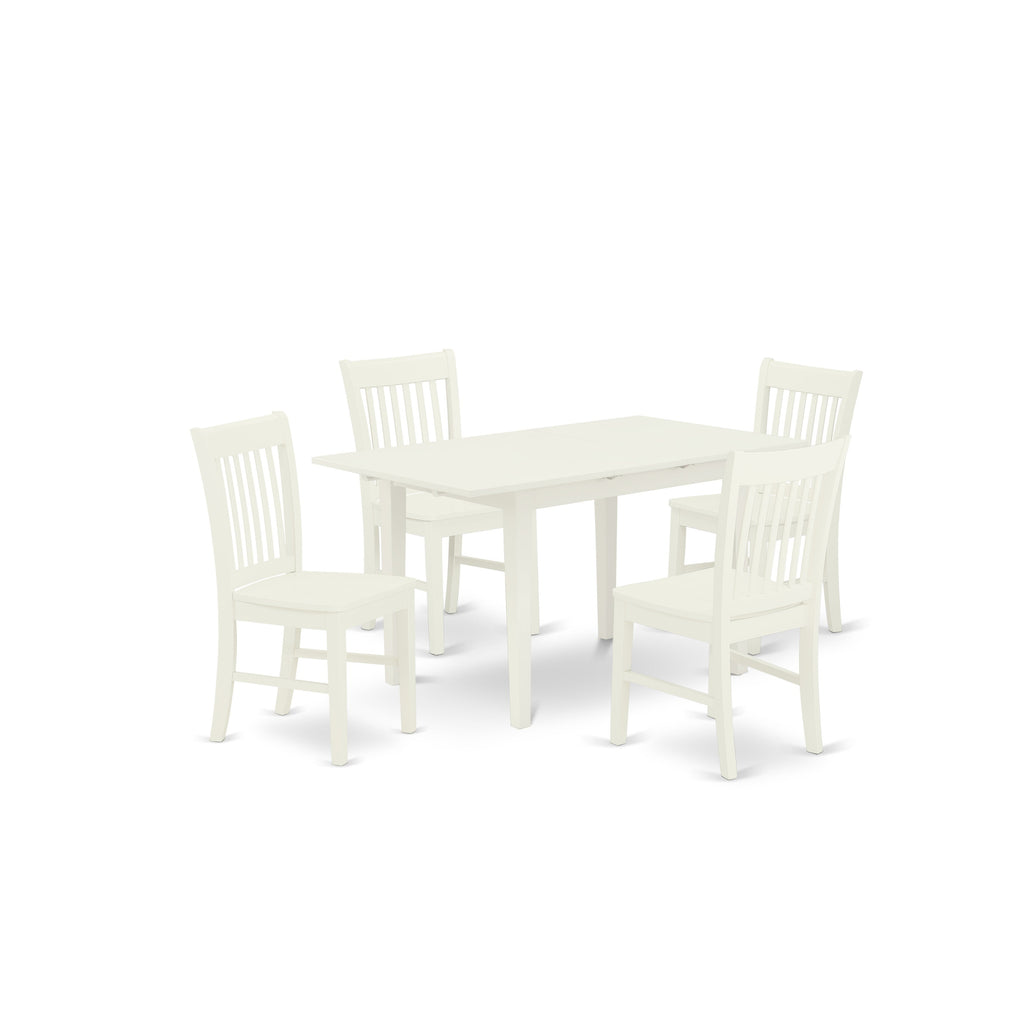East West Furniture NOFK5-LWH-W 5 Piece Dining Table Set for 4 Includes a Rectangle Kitchen Table with Butterfly Leaf and 4 Dinette Chairs, 32x54 Inch, Linen White