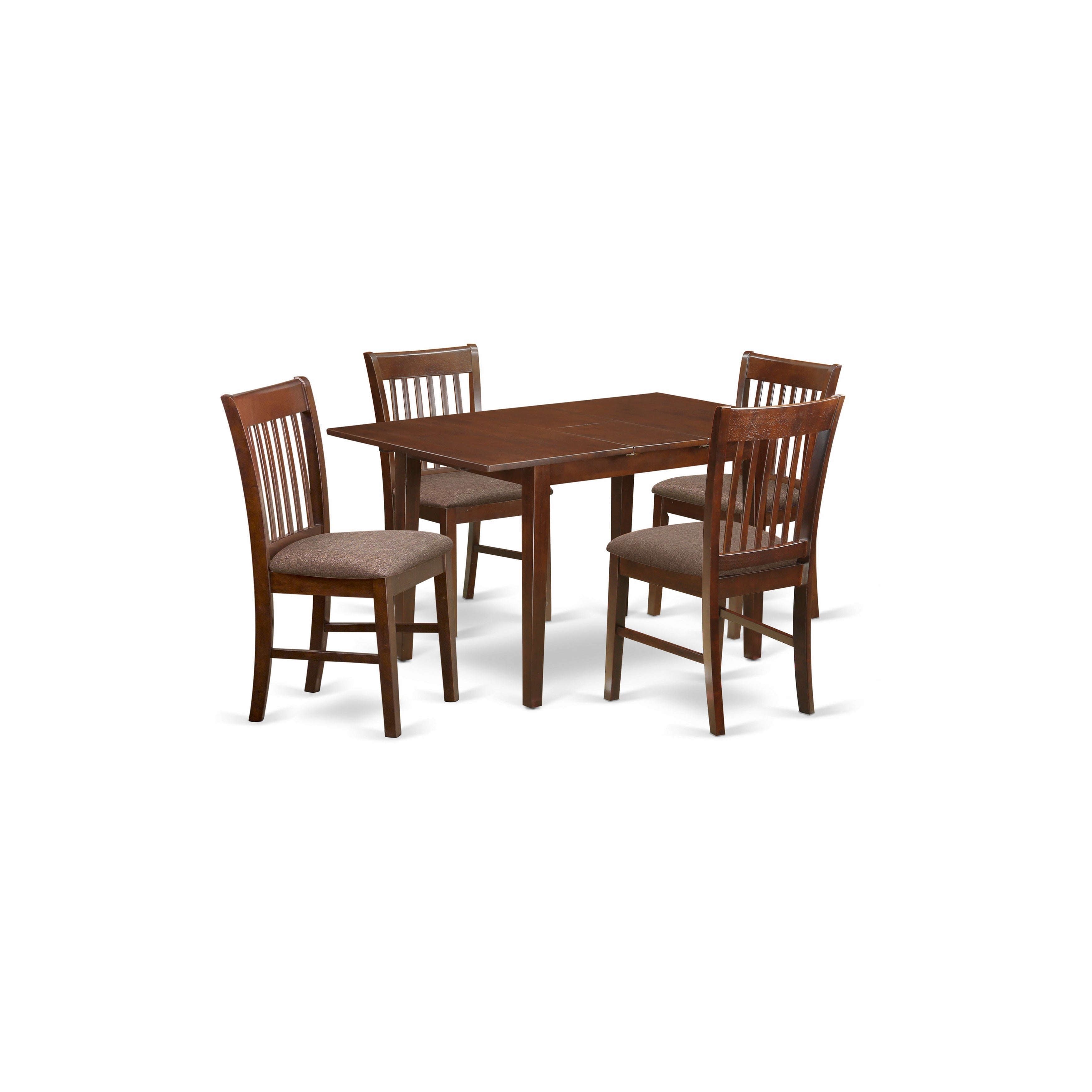 Juego de mesa y sillas de cocina de 5 piezas East West Furniture NOFK5-MAH-C. Incluye una mesa de comedor rectangular con diseño de hojas de mariposa y 4 sillas tapizadas en tela de lino.