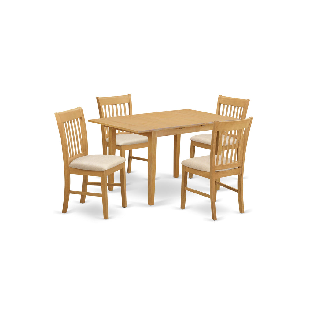 East West Furniture NOFK5-OAK-C 5 Piece Kitchen Table Set for 4 Includes a Rectangle Dining Table with Butterfly Leaf and 4 Linen Fabric Dining Room Chairs, 32x54 Inch, Oak