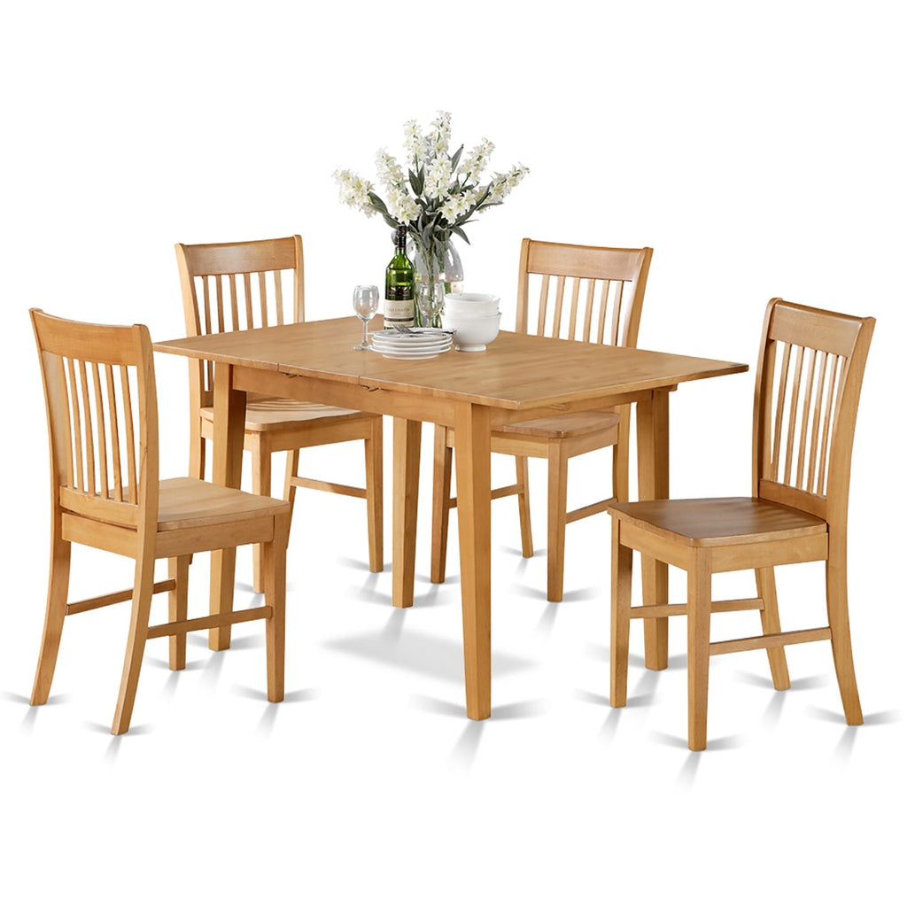 East West Furniture NOFK5-OAK-W 5 Piece Dining Table Set for 4 Includes a Rectangle Kitchen Table with Butterfly Leaf and 4 Dining Room Chairs, 32x54 Inch, Oak