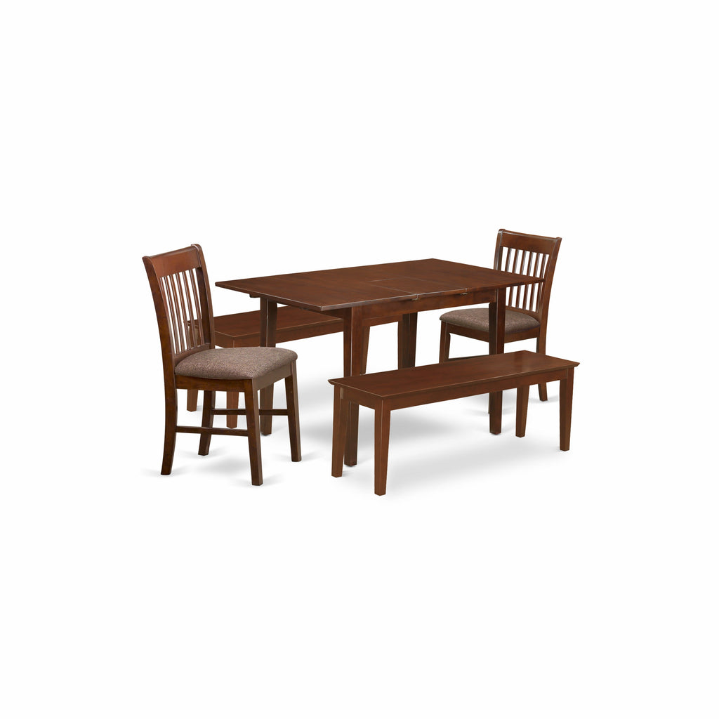 East West Furniture NOFK5C-MAH-C 5 Piece Dining Table Set Includes a Rectangle Kitchen Table with Butterfly Leaf and 2 Linen Fabric Dining Chairs with 2 Benches, 32x54 Inch, Mahogany