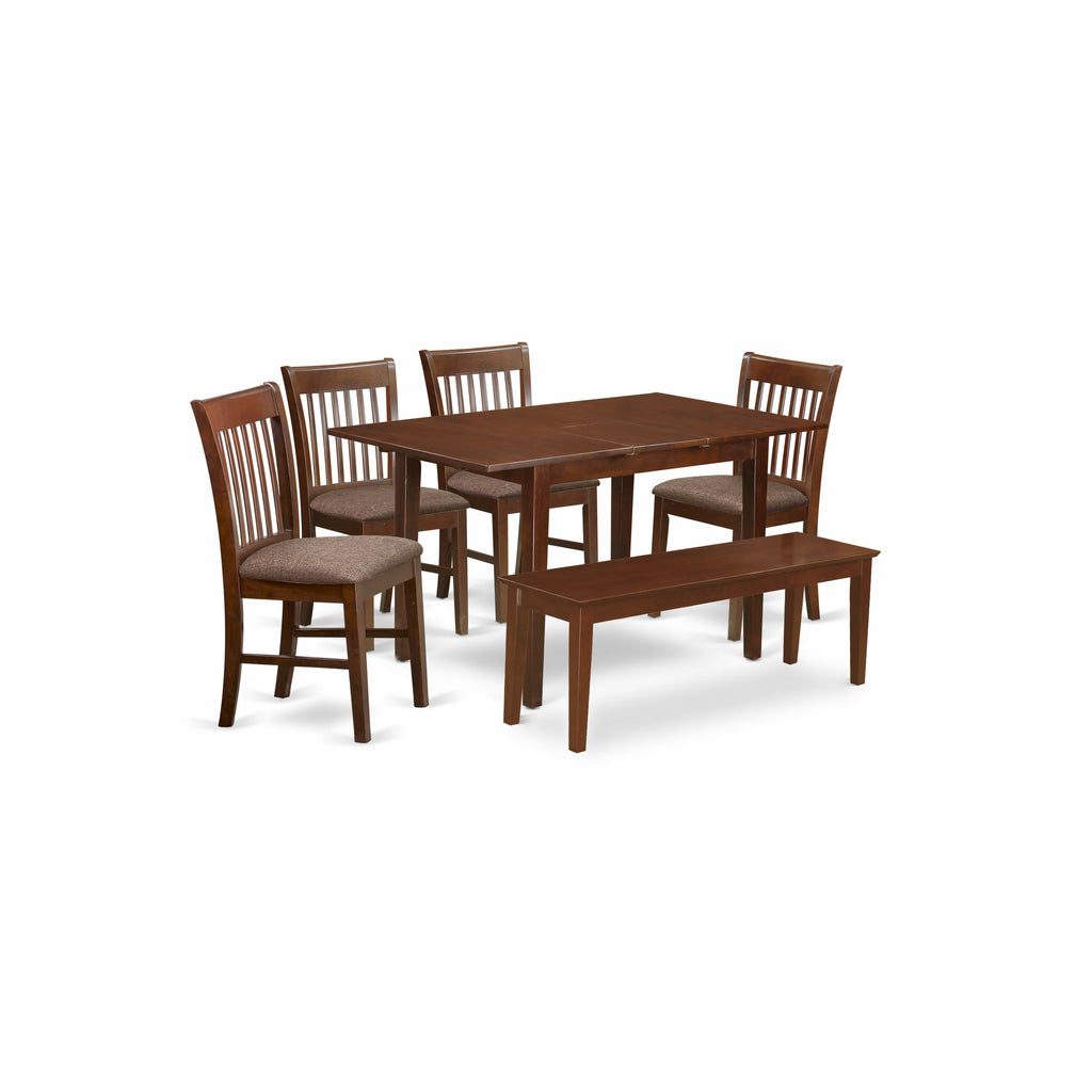 El juego de mesa de comedor East West Furniture NOFK6C-MAH-C de 6 piezas incluye una mesa de comedor rectangular con hojas de mariposa y 4 sillas tapizadas en tela de lino con un banco.