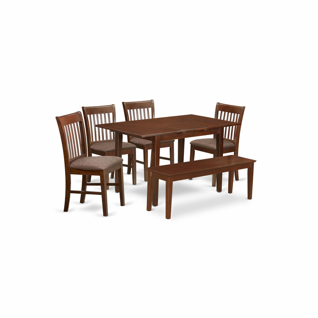 East West Furniture NOFK6C-MAH-C 6 Piece Dining Table Set Contains a Rectangle Dining Room Table with Butterfly Leaf and 4 Linen Fabric Upholstered Chairs with a Bench, 32x54 Inch, Mahogany
