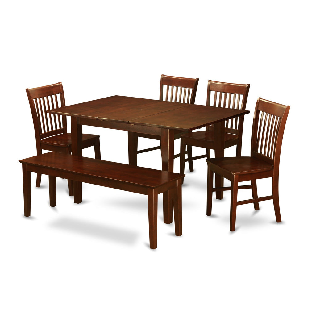 East West Furniture NOFK6C-MAH-W 6 Piece Dining Room Furniture Set Contains a Rectangle Kitchen Table with Butterfly Leaf and 4 Dining Chairs with a Bench