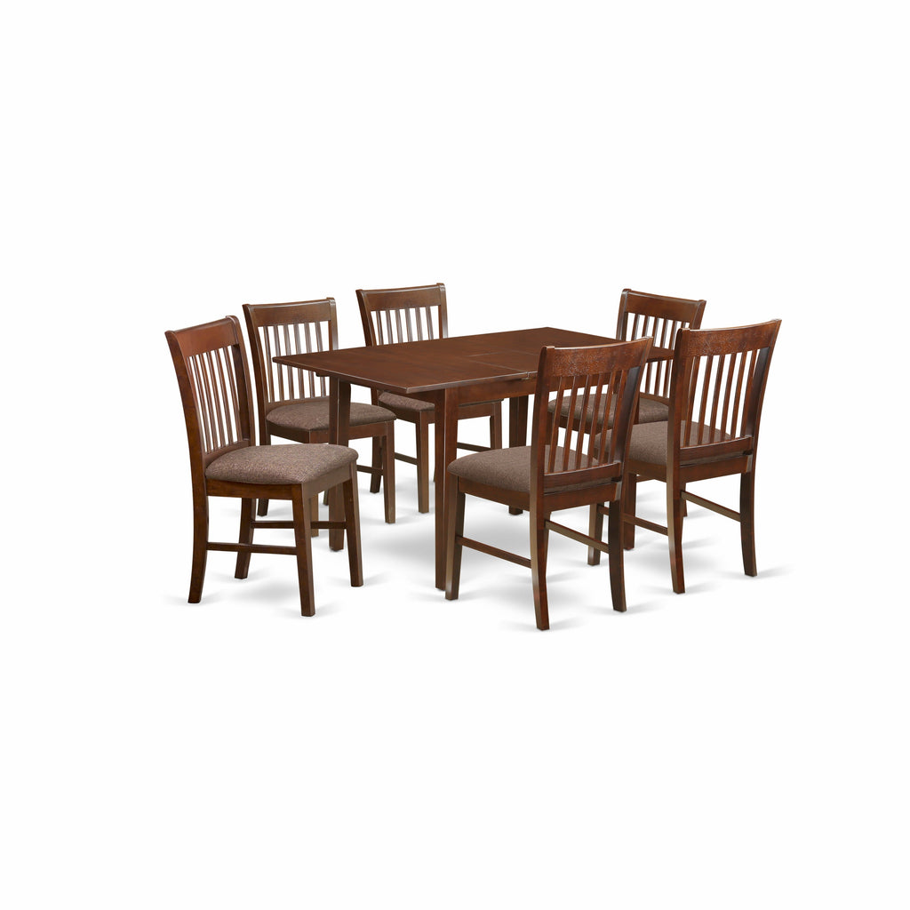 East West Furniture NOFK7-MAH-C 7 Piece Modern Dining Table Set Consist of a Rectangle Wooden Table with Butterfly Leaf and 6 Linen Fabric Upholstered Chairs, 32x54 Inch, Mahogany