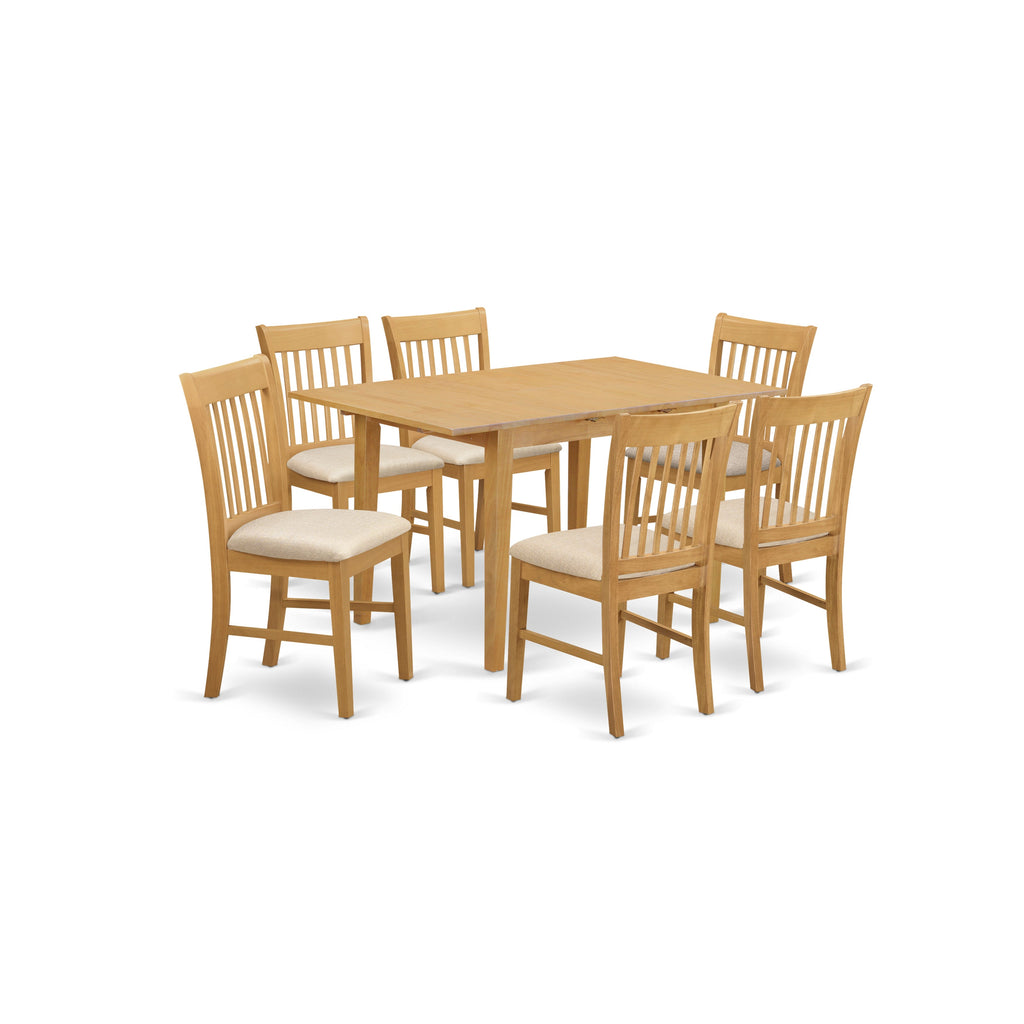 Juego de mesa de comedor moderna de 7 piezas East West Furniture NOFK7-OAK-C. Incluye una mesa rectangular de madera con diseño de hojas de mariposa y 6 sillas de comedor de cocina de tela de lino.