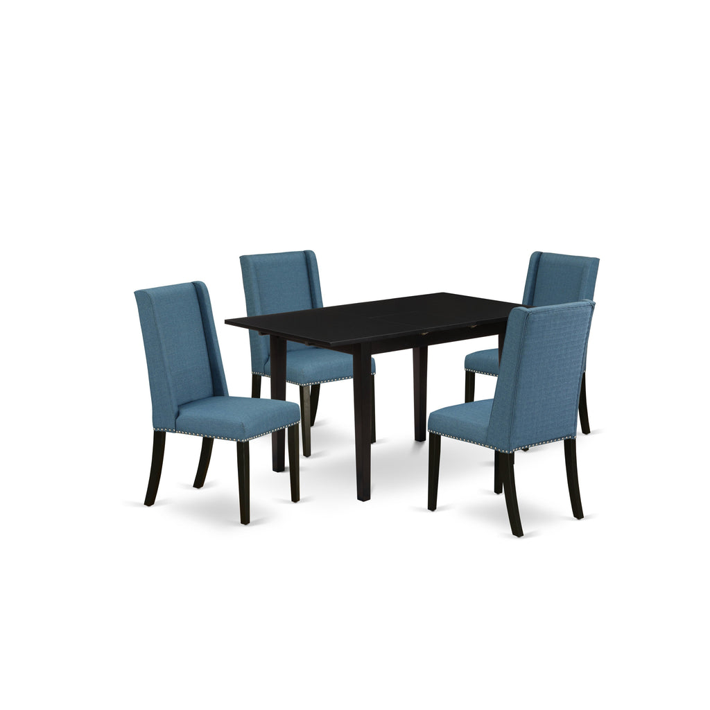 Juego de comedor de 5 piezas East West Furniture NOFL5-BLK-21 para 4 personas. Incluye una mesa de comedor rectangular con diseño de hojas de mariposa y 4 sillas tapizadas en tela de lino azul.