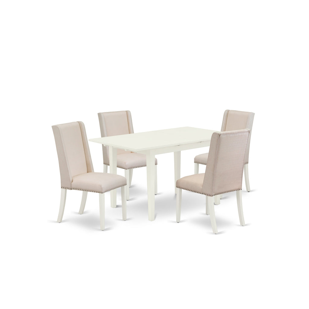 Juego de mesa de comedor moderna de 5 piezas East West Furniture NOFL5-LWH-01. Incluye una mesa rectangular de madera con diseño de hojas de mariposa y 4 sillas tapizadas en tela de lino color crema.