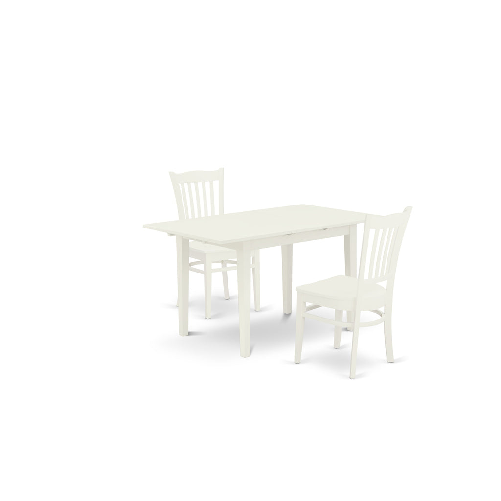 Juego de muebles de comedor de 3 piezas East West Furniture NOGR3-WHI-W. Contiene una mesa de cocina rectangular con hojas de mariposa y 2 sillas de comedor.