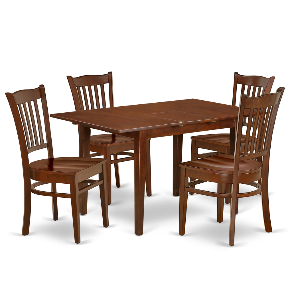El juego de mesa de comedor de 5 piezas East West Furniture NOGR5-MAH-W incluye una mesa rectangular de madera con diseño de hojas de mariposa y 4 sillas de comedor de cocina.