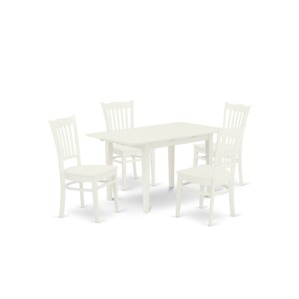 Juego de mesa de cocina East West Furniture NOGR5-WHI-W de 5 piezas para 4 personas. Incluye una mesa de comedor rectangular con diseño de hojas de mariposa y 4 sillas de madera maciza.
