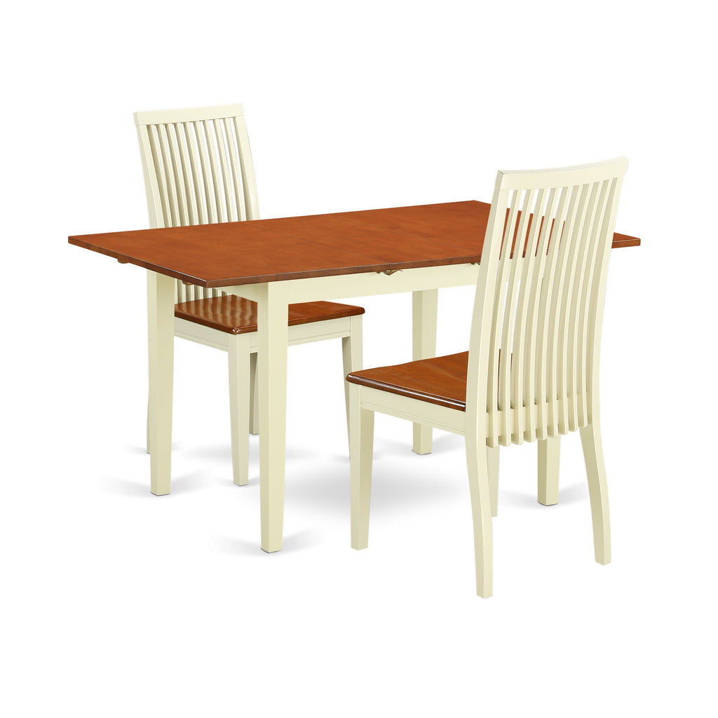 East West Furniture NOIP3-BMK-W 3 Piece Kitchen Table & Chairs Set Contains a Rectangle Dining Room Table with Butterfly Leaf and 2 Solid Wood Seat Chairs, 32x54 Inch, Buttermilk & Cherry
