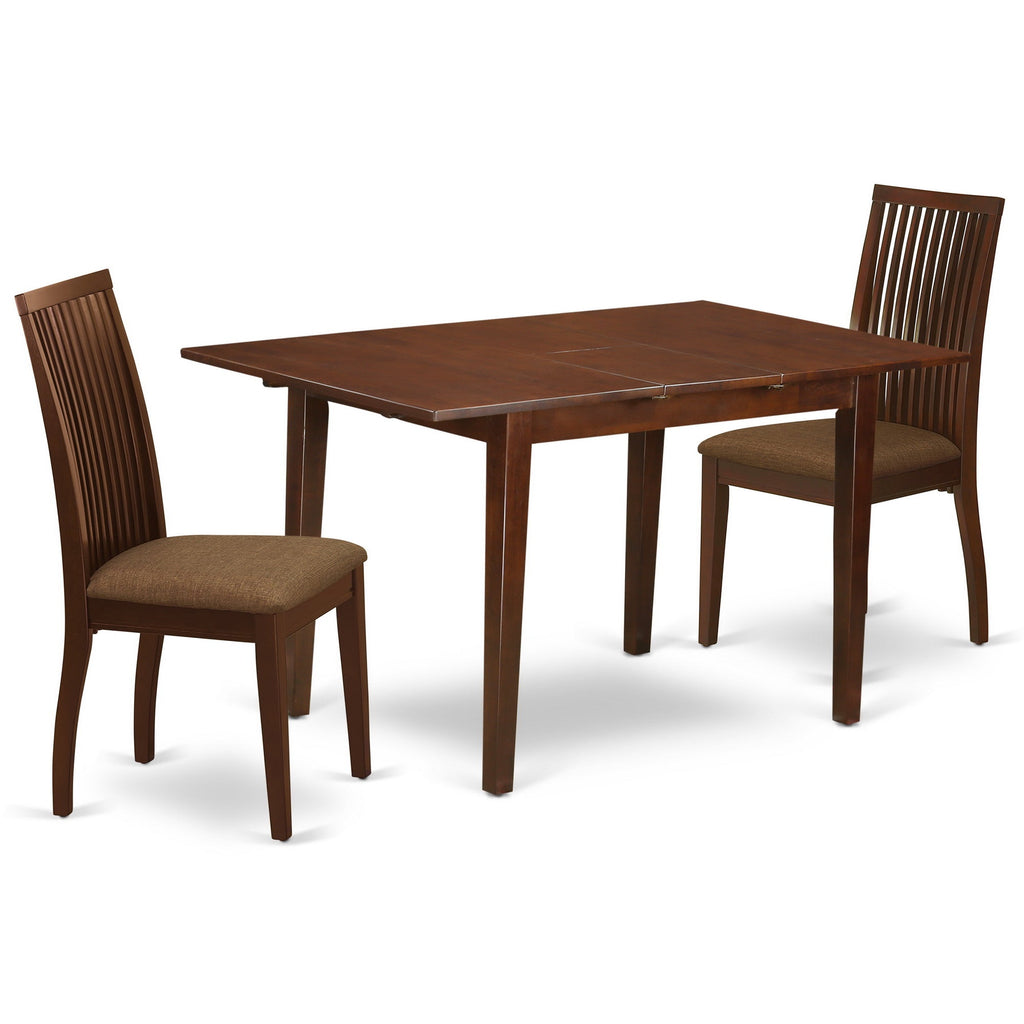 East West Furniture NOIP3-MAH-C 3 Piece Dining Room Furniture Set Contains a Rectangle Kitchen Table with Butterfly Leaf and 2 Linen Fabric Upholstered Chairs