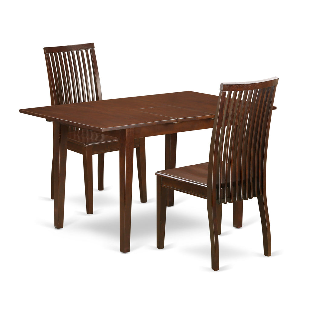Juego de comedor de 3 piezas East West Furniture NOIP3-MAH-W. Incluye una mesa de cocina rectangular con diseño de hojas de mariposa y 2 sillas de comedor.
