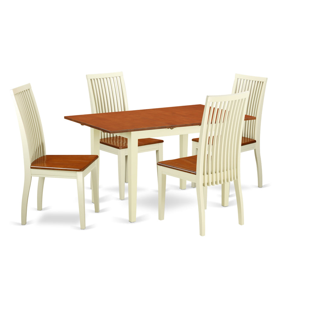 East West Furniture NOIP5-BMK-W 5 Piece Kitchen Table Set for 4 Includes a Rectangle Dining Room Table with Butterfly Leaf and 4 Dining Chairs, 32x54 Inch, Buttermilk & Cherry