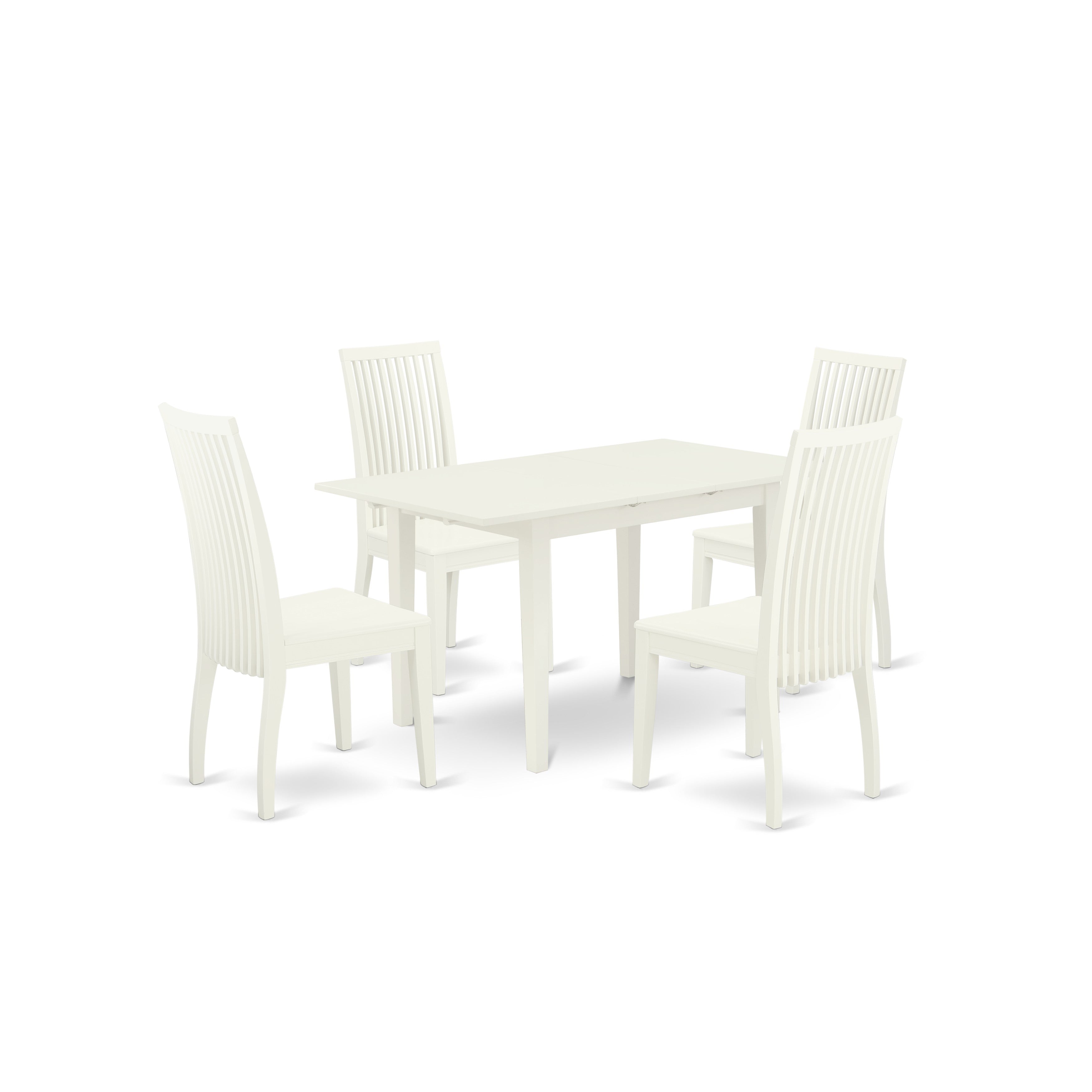 Juego de mesa de comedor East West Furniture NOIP5-LWH-W de 5 piezas para 4 personas. Incluye una mesa de cocina rectangular con diseño de hojas de mariposa y 4 sillas de comedor.