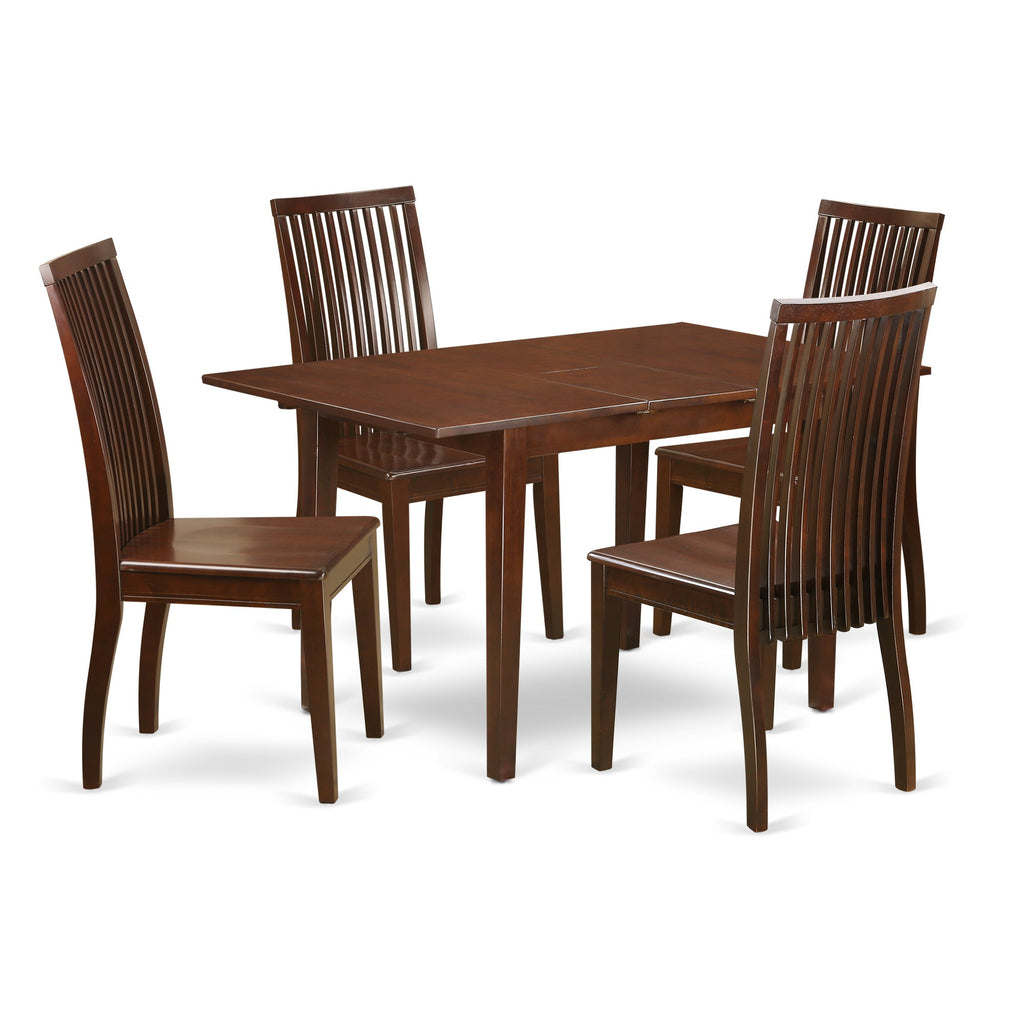Juego de mesa y sillas de cocina de 5 piezas East West Furniture NOIP5-MAH-W. Incluye una mesa de comedor rectangular con diseño de hojas de mariposa y 4 sillas de comedor.