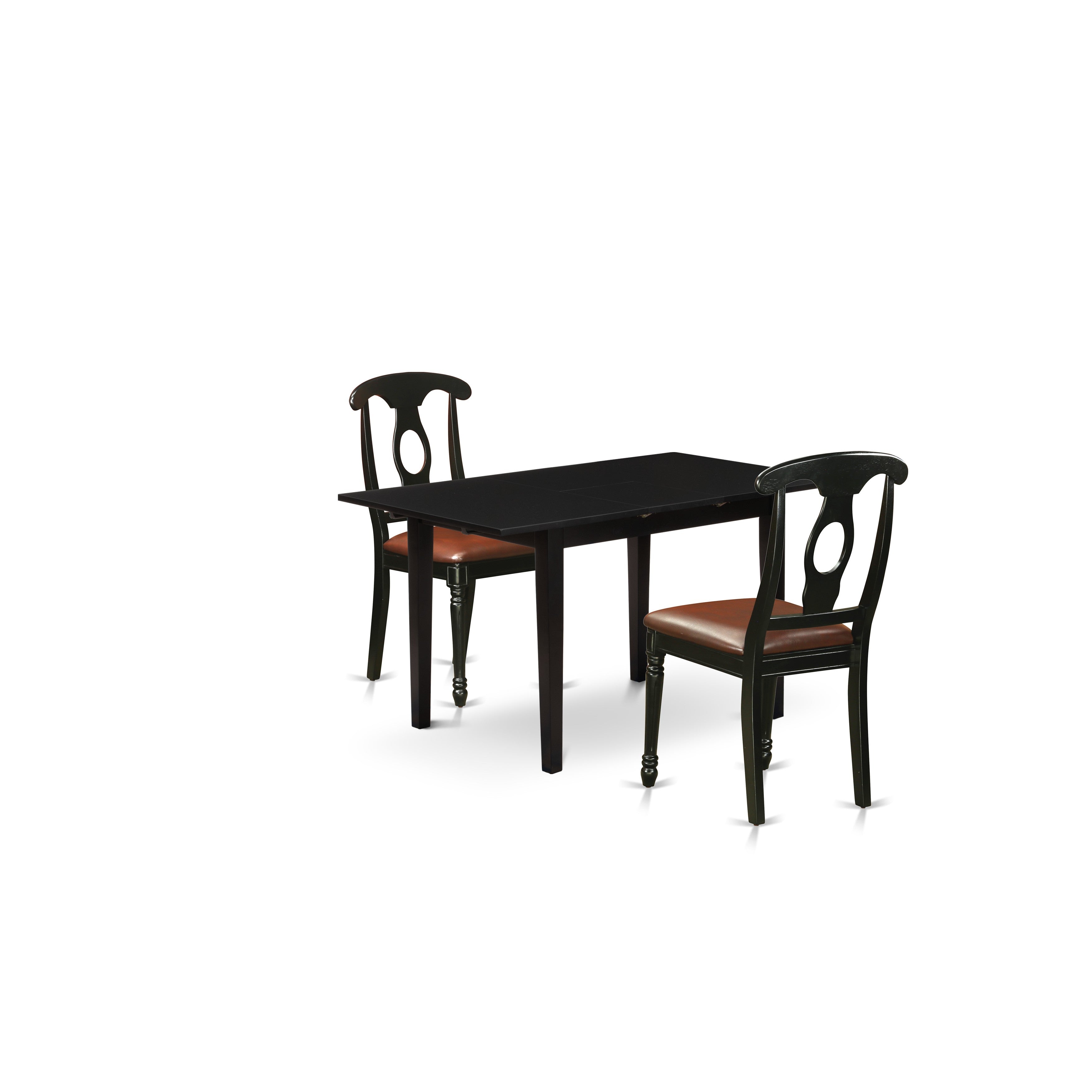 East West Furniture NOKE3-BLK-LC 3-Pc Dining Room Set 2 Dining Room Chair with Napoleon Back and a Faux Leather Seat and Wooden Dining Table with Butterfly Leaf Rectangular Top and 4 Legs- Black Finish