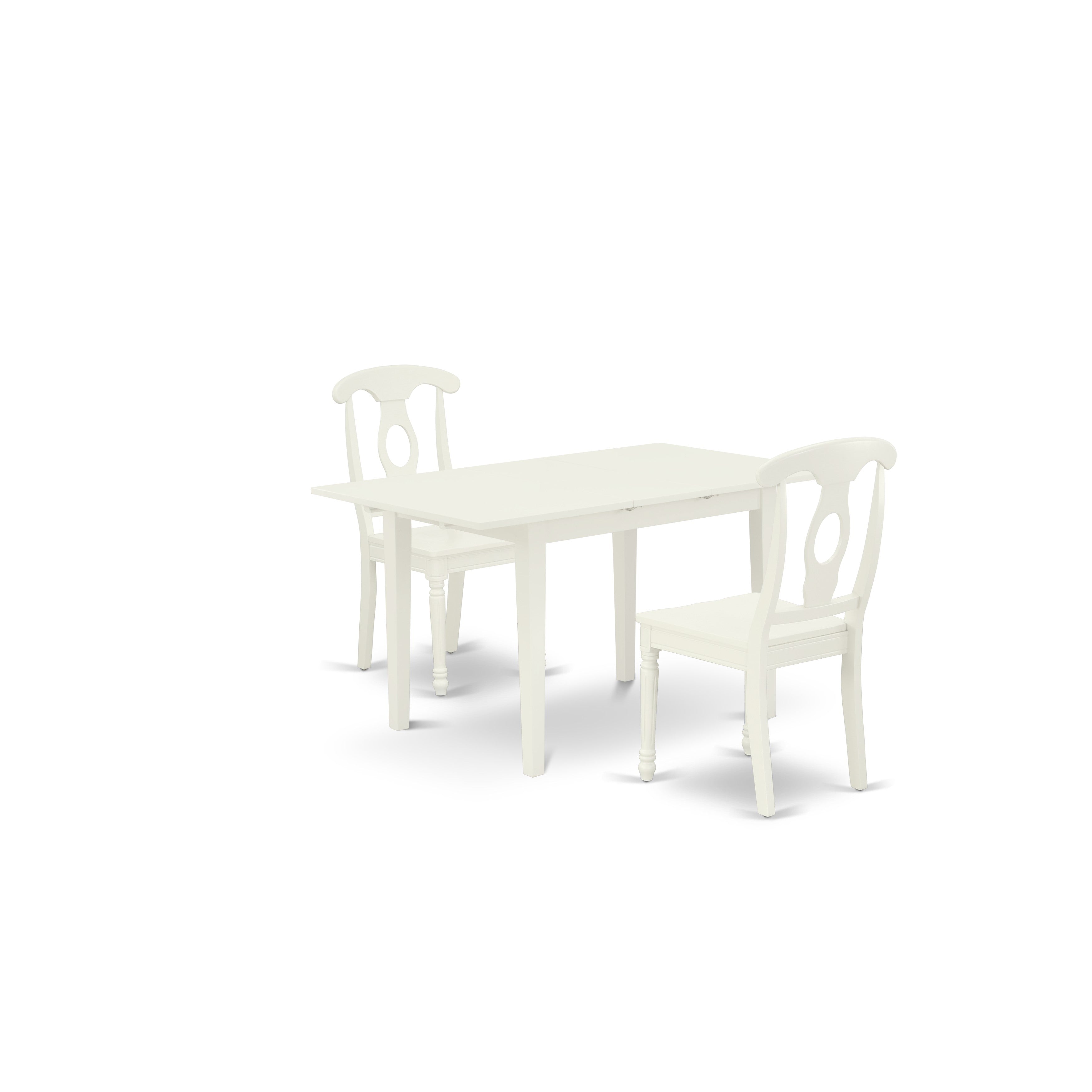 East West Furniture NOKE3-LWH-W 3-Piece Dinette Set 2 Dining Chairs with Napoleon Back and wooden seat and Butterfly Leaf Small Rectangular Dining Table with Rectangular Top and 4 Legs- Linen White Finish