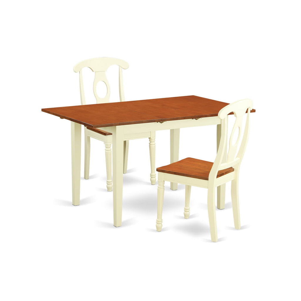 East West Furniture NOKE3-WHI-W 3 Piece Dining Table Set for Small Spaces Contains a Rectangle Dining Room Table with Butterfly Leaf and 2 Wooden Seat Chairs