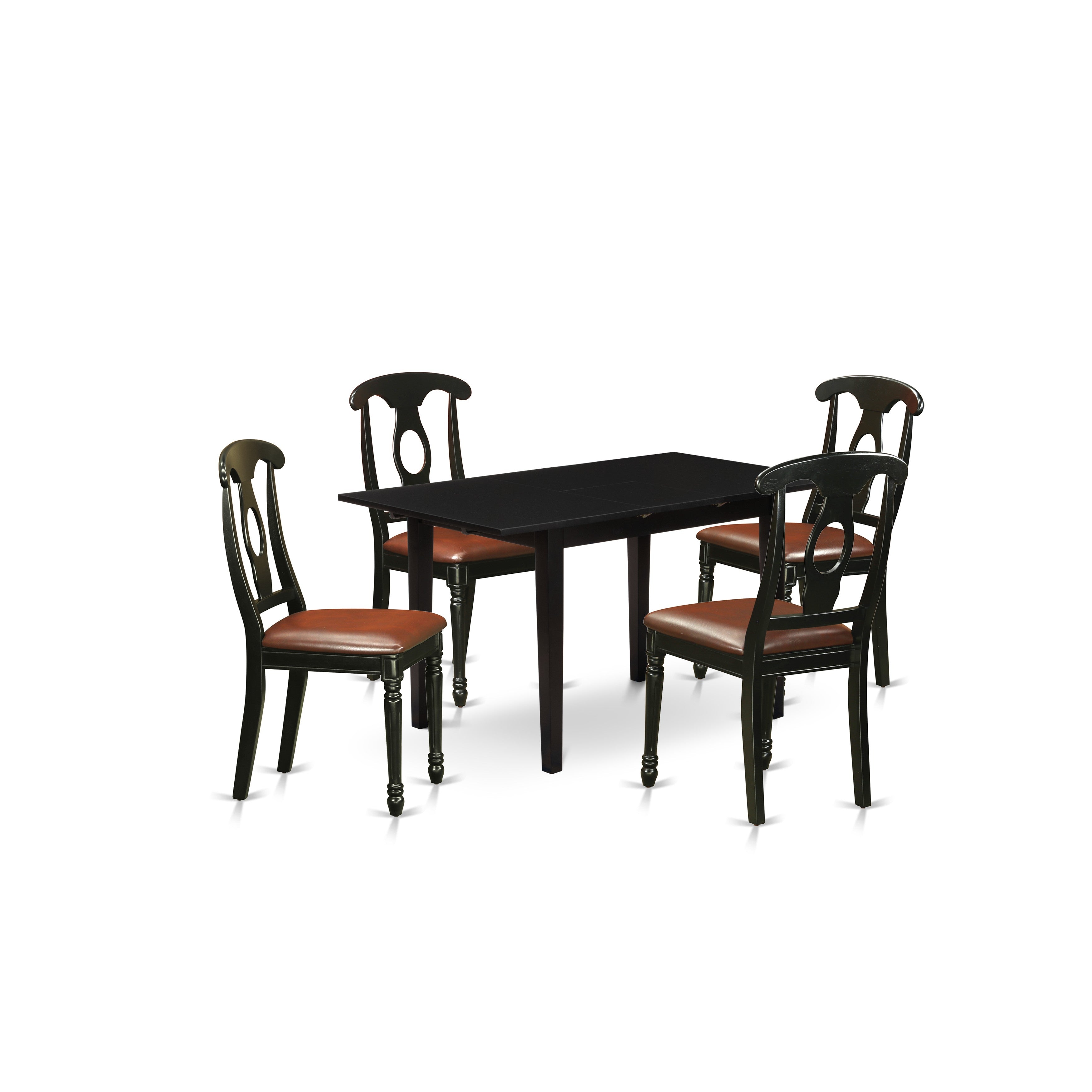 East West Furniture NOKE5-BLK-LC 5-Pc Dining Room Set 4 Dining Room Chairs with Napoleon Back and a Faux Leather Seat and Wooden Dining Table with Butterfly Leaf Rectangular Top and 4 Legs- Black Finish