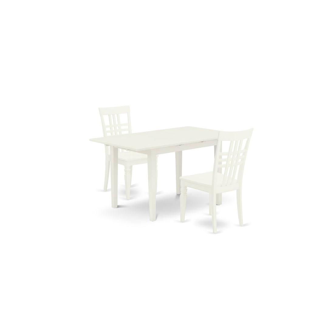 Juego de mesa de comedor moderna de 3 piezas East West Furniture NOLG3-LWH-W. Incluye una mesa rectangular de madera con diseño de hojas de mariposa y 2 sillas de comedor de cocina.