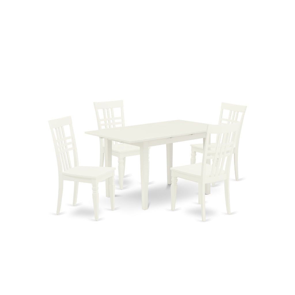 East West Furniture NOLG5-LWH-W 5 Piece Dining Room Table Set Includes a Rectangle Kitchen Table with Butterfly Leaf and 4 Dining Chairs, 32x54 Inch, Linen White