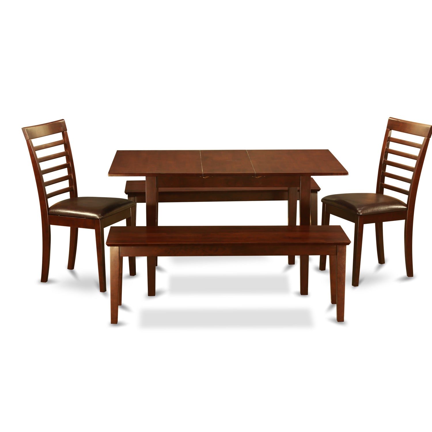 El juego de mesa de comedor de 5 piezas East West Furniture NOML5C-MAH-LC incluye una mesa de comedor rectangular con diseño de hojas de mariposa y 2 sillas tapizadas en piel sintética con 2 bancos.