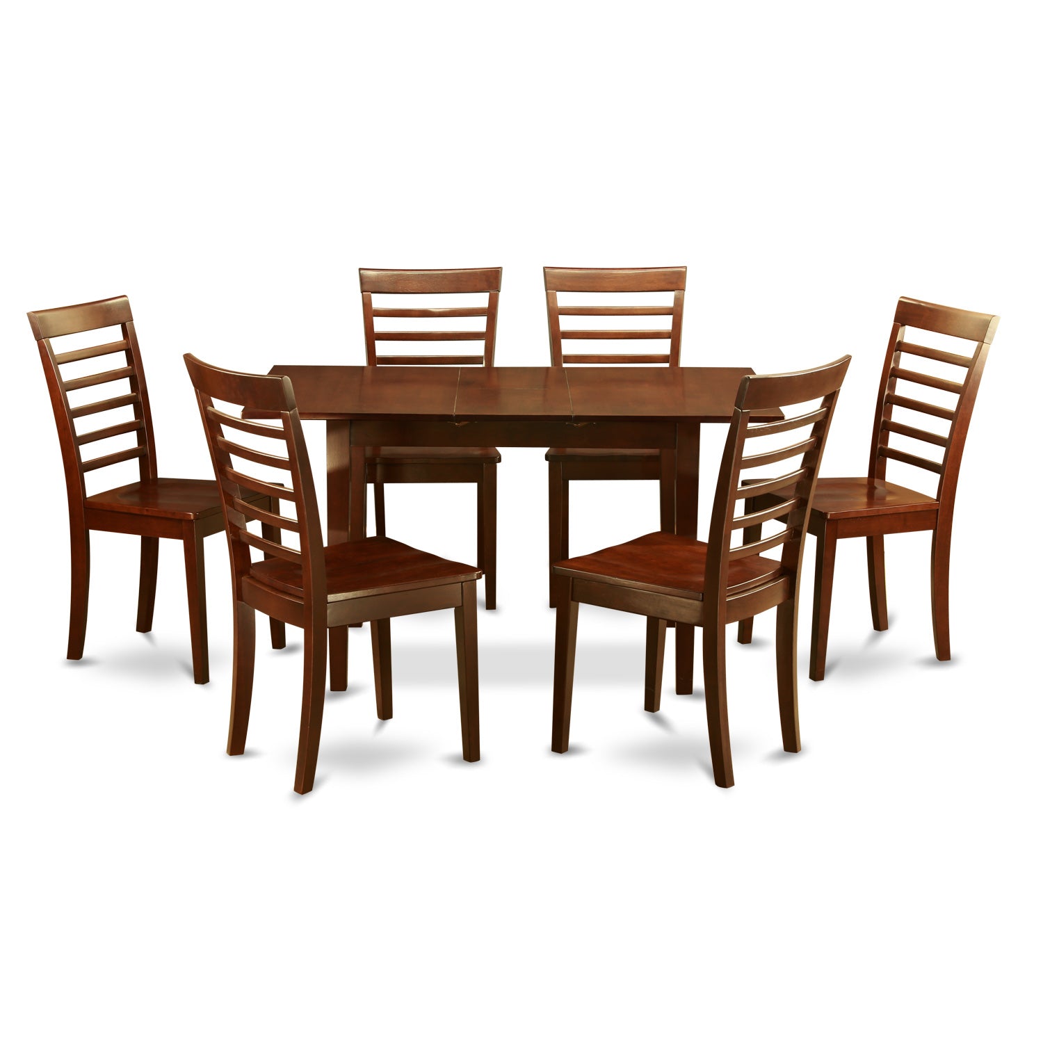 Juego de mesa de cocina de 7 piezas East West Furniture NOML7-MAH-W compuesto por una mesa de comedor rectangular con hojas de mariposa y 6 sillas de comedor.