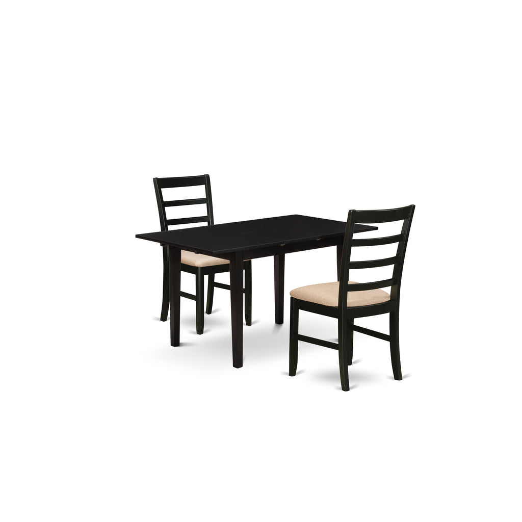 Juego de mesa de comedor de 3 piezas East West Furniture NOPF3-BLK-C. Incluye una mesa de cocina rectangular con diseño de hojas de mariposa y 2 sillas tapizadas en tela de lino.