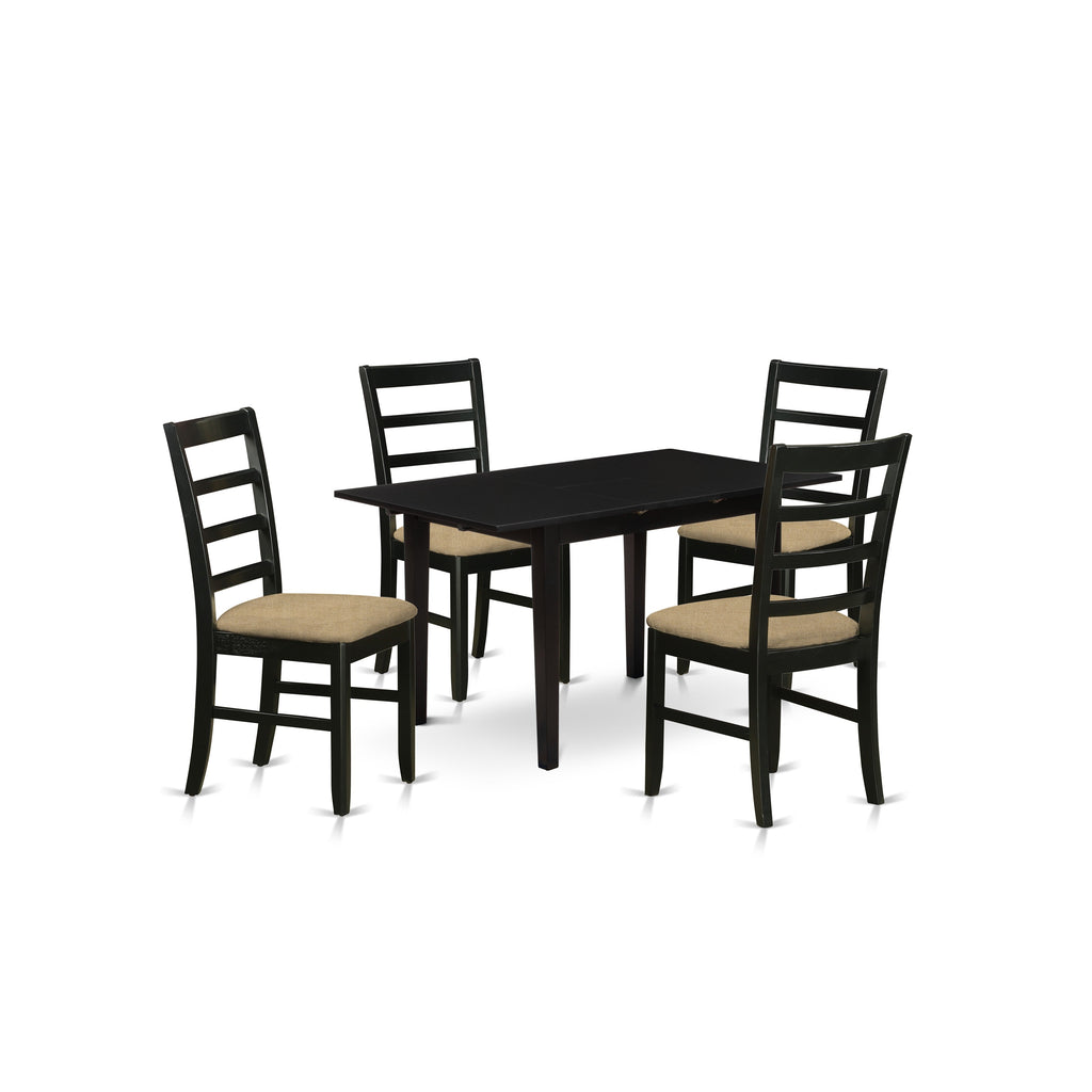 Juego de comedor de 5 piezas East West Furniture NOPF5-BLK-C. Incluye una mesa de cocina rectangular con diseño de hojas de mariposa y 4 sillas tapizadas en tela de lino.
