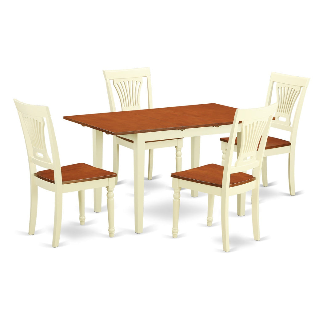 Juego de mesa de comedor moderna de 5 piezas East West Furniture NOPL5-WHI-W. Incluye una mesa rectangular de madera con diseño de hojas de mariposa y 4 sillas de comedor.