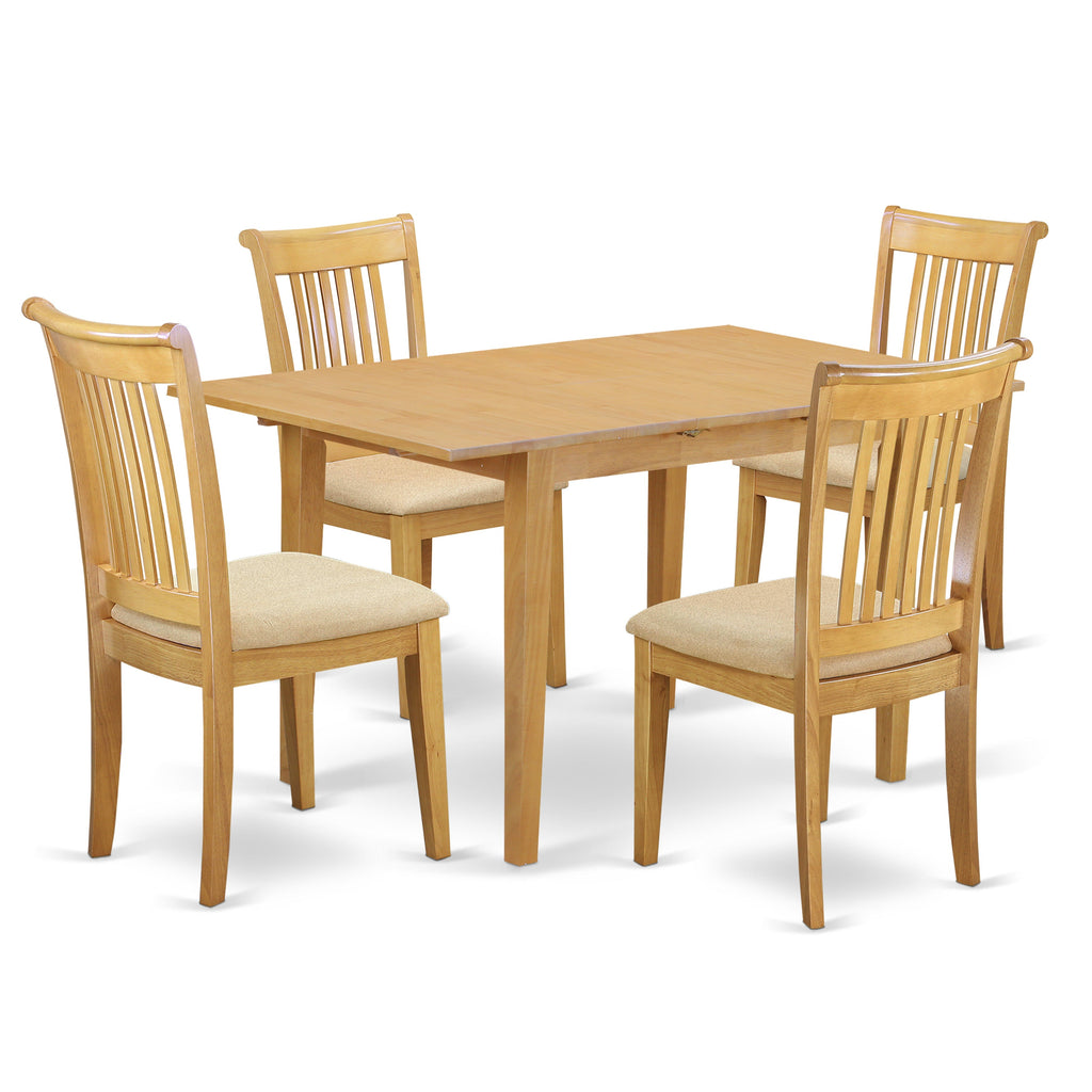 Juego de comedor de 5 piezas East West Furniture NOPO5-OAK-C. Incluye una mesa de comedor rectangular con diseño de hojas de mariposa y 4 sillas de cocina de tela de lino.