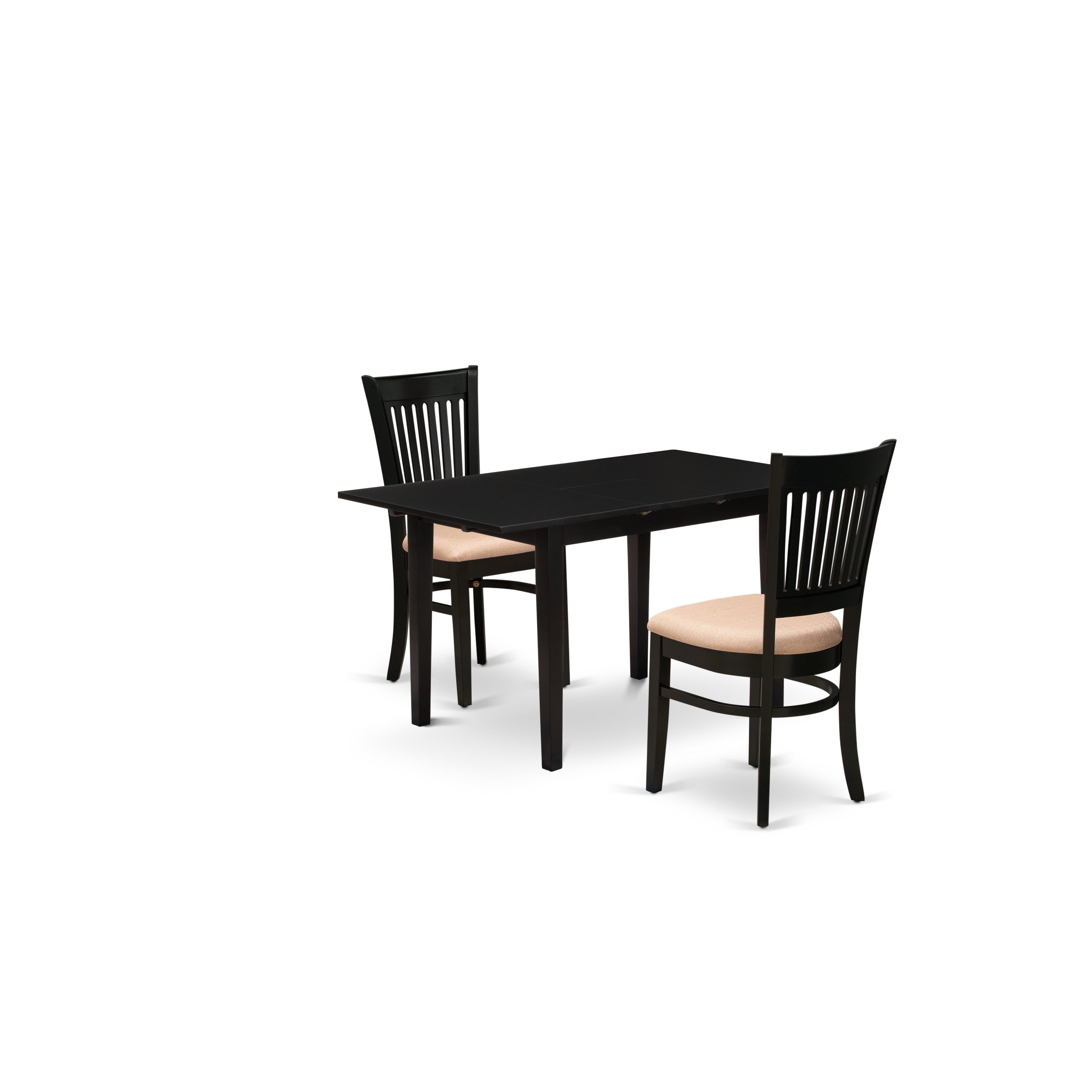 East West Furniture NOVA3-BLK-C 3-Pc Mid Century Dining Table Set 2 Dining Chairs with Slatted Back and a Linen Fabric Seat and Butterfly Leaf Dining Room Table with Rectangular Top and 4 Legs- Black Finish