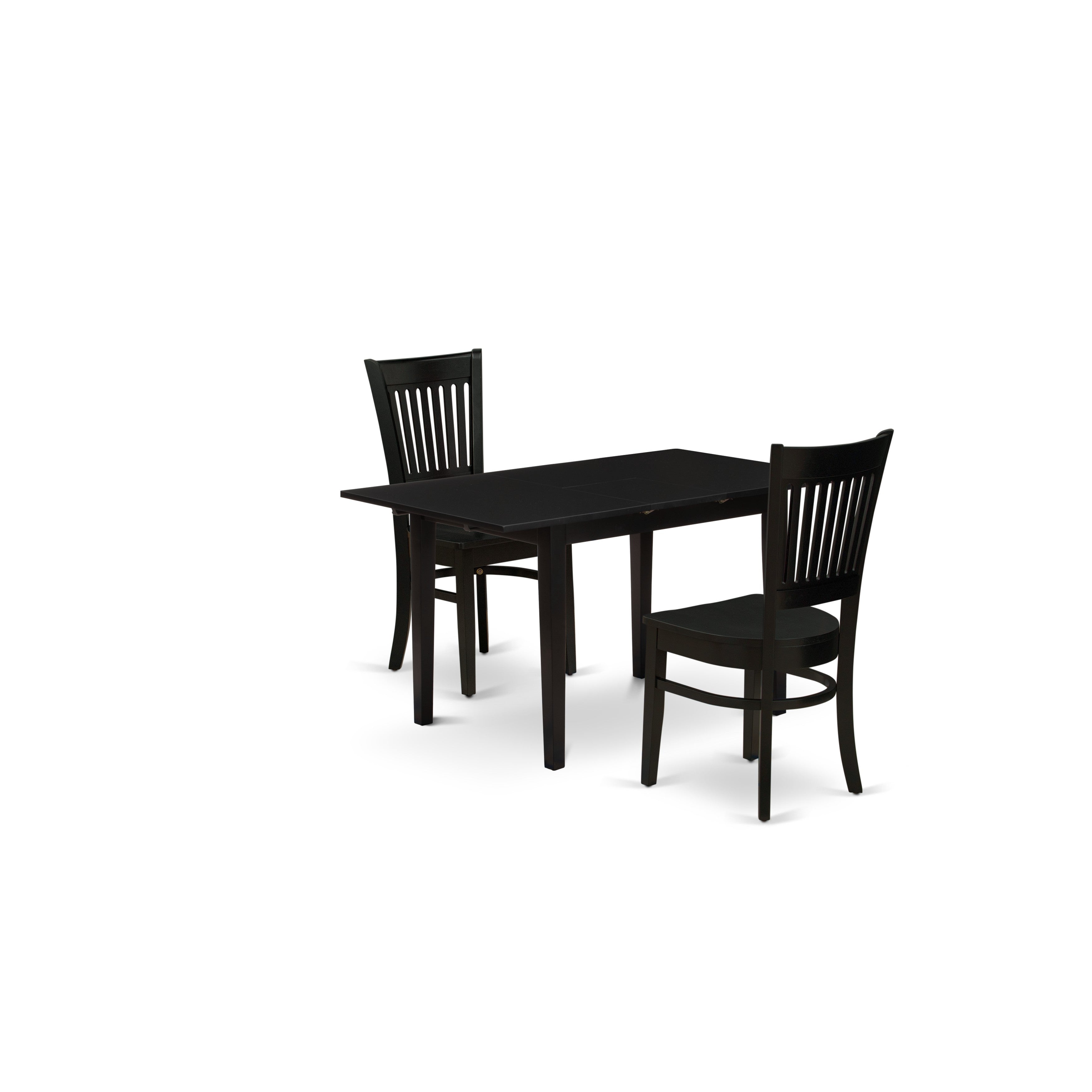 Juego de mesa de cocina de 3 piezas NOVA3-BLK-W de East West Furniture para espacios pequeños. Contiene una mesa de comedor rectangular con diseño de hojas de mariposa y 2 sillas de comedor.