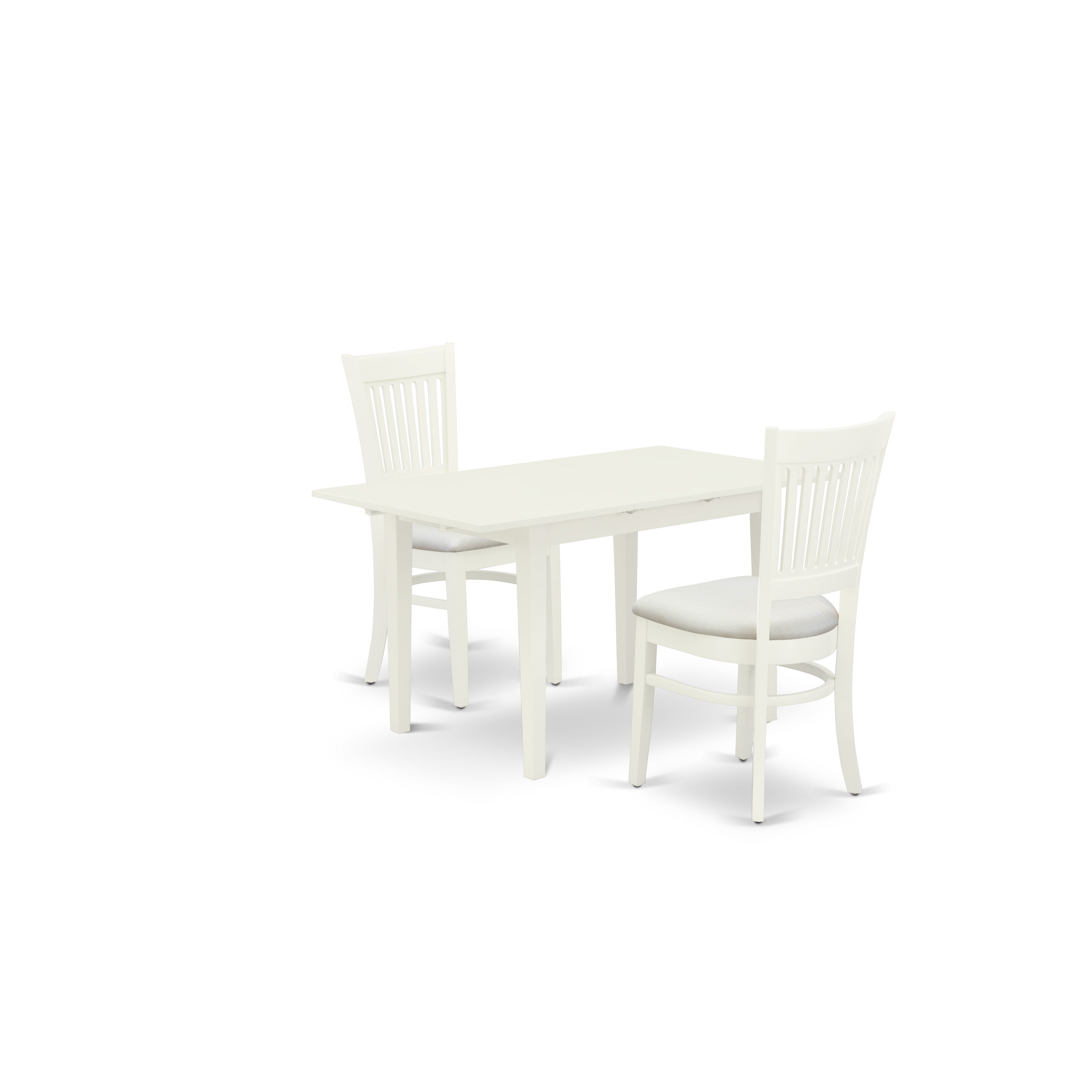 East West Furniture NOVA3-LWH-C 3-Pc Dining Set 2 Wood Dining Chairs with Slatted Back and a Linen Fabric Seat and Butterfly Leaf Dining Table with Rectangular Top and 4 Legs- Linen White Finish